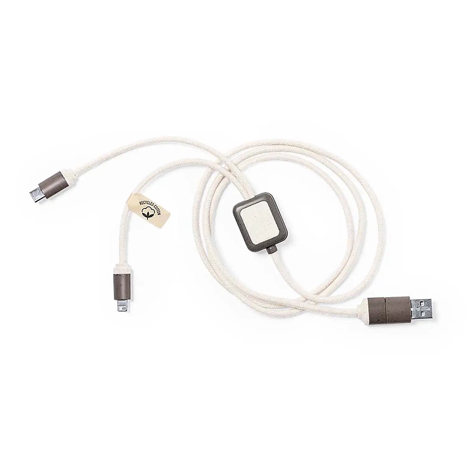 Cable triple cargador nature fibra café/algodón: Micro USB, Tipo C y Lightning 5V DC 2.4A