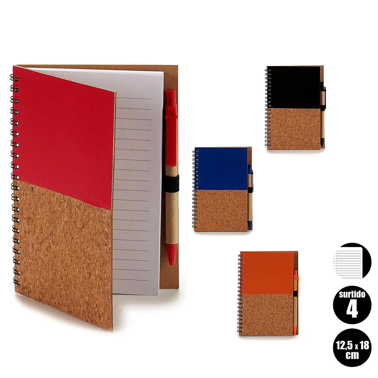 Pack 4 Libretas 12,5x18 cm con tapa de madera. Surtido 4 colores.