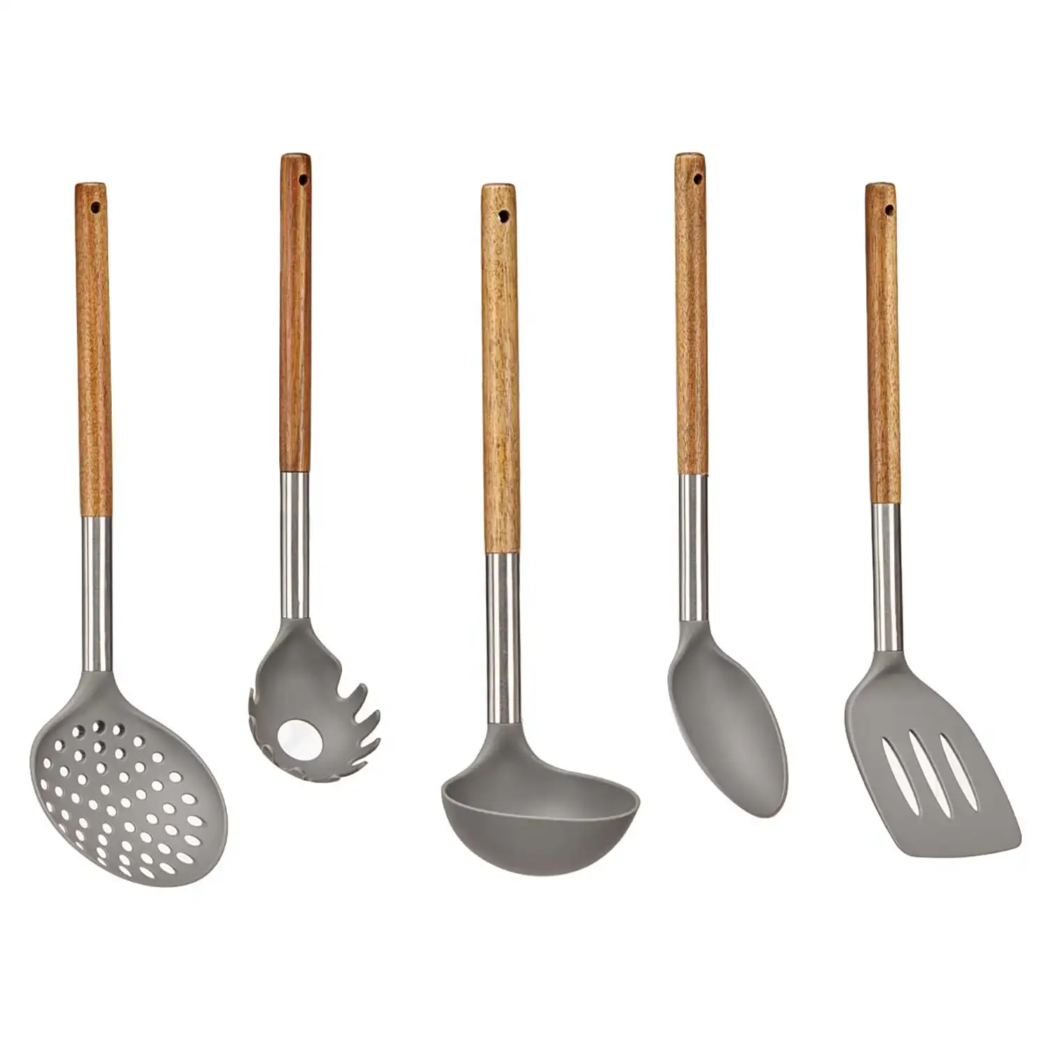 SET 5 UTENSILIOS COCINA madera y acero inox.