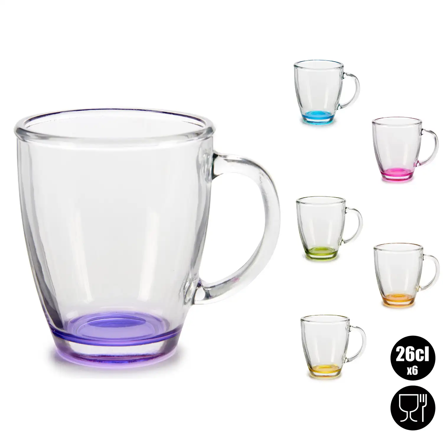 Set de 6 tazas con base de color de 26xcl. Surtido 6 colores.