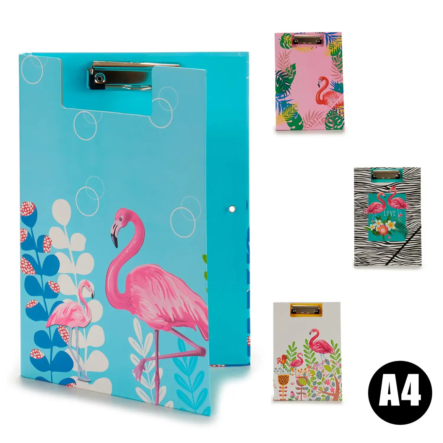 PACK 4 CARPETAS CON PINZA Y GOMA A4 FLAMENCOS S4