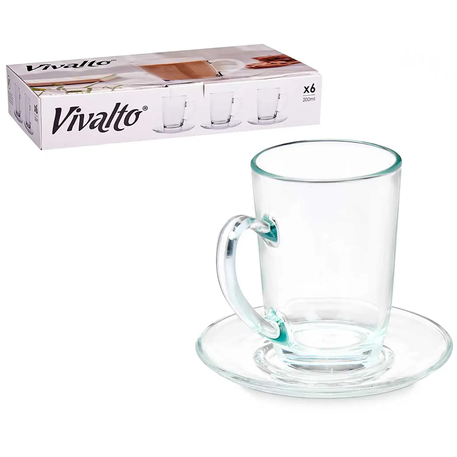 PACK 6 TAZAS VIDRIO CAFE CON LECHE 200ML CON PLATO