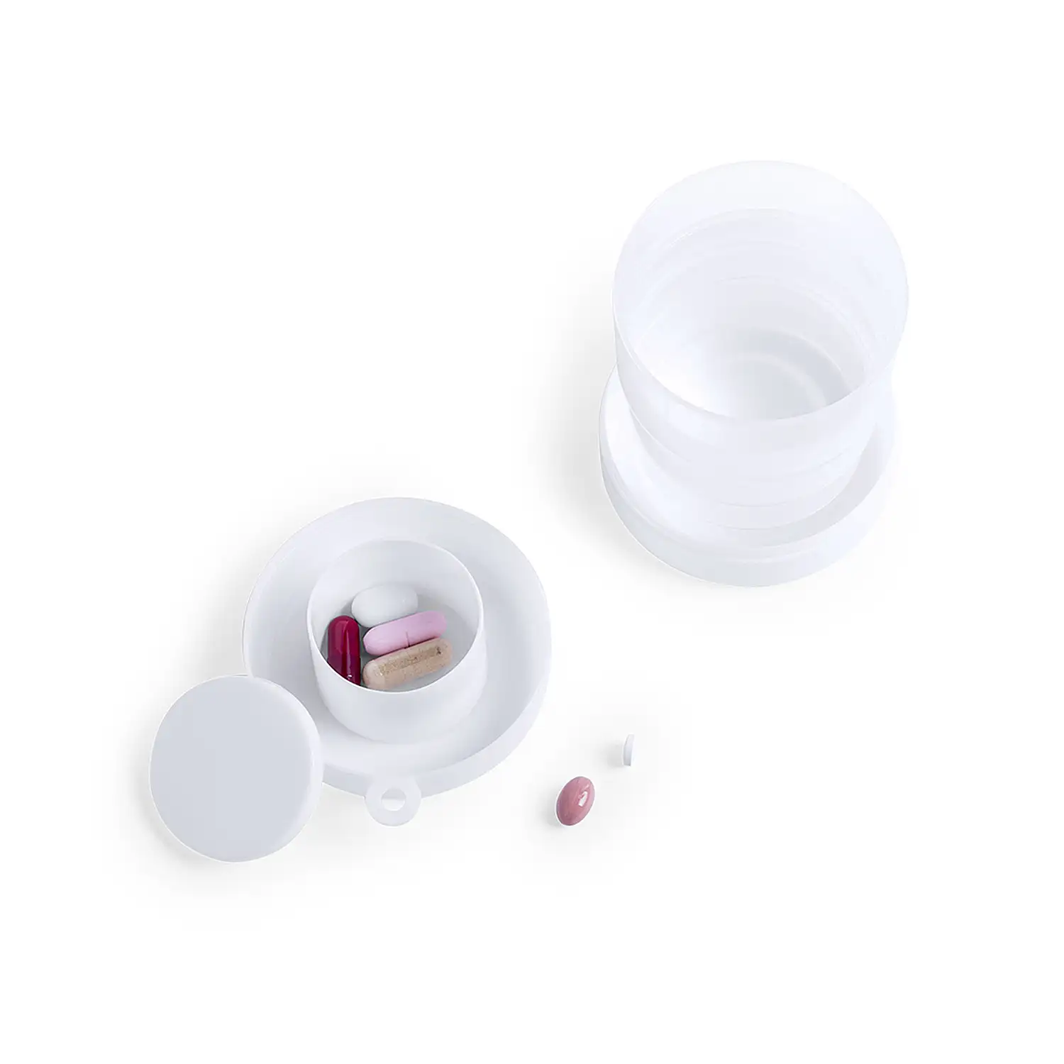 Vaso plegable de 220ml y pastillero Berty. Incluye mosquetón y tapa.