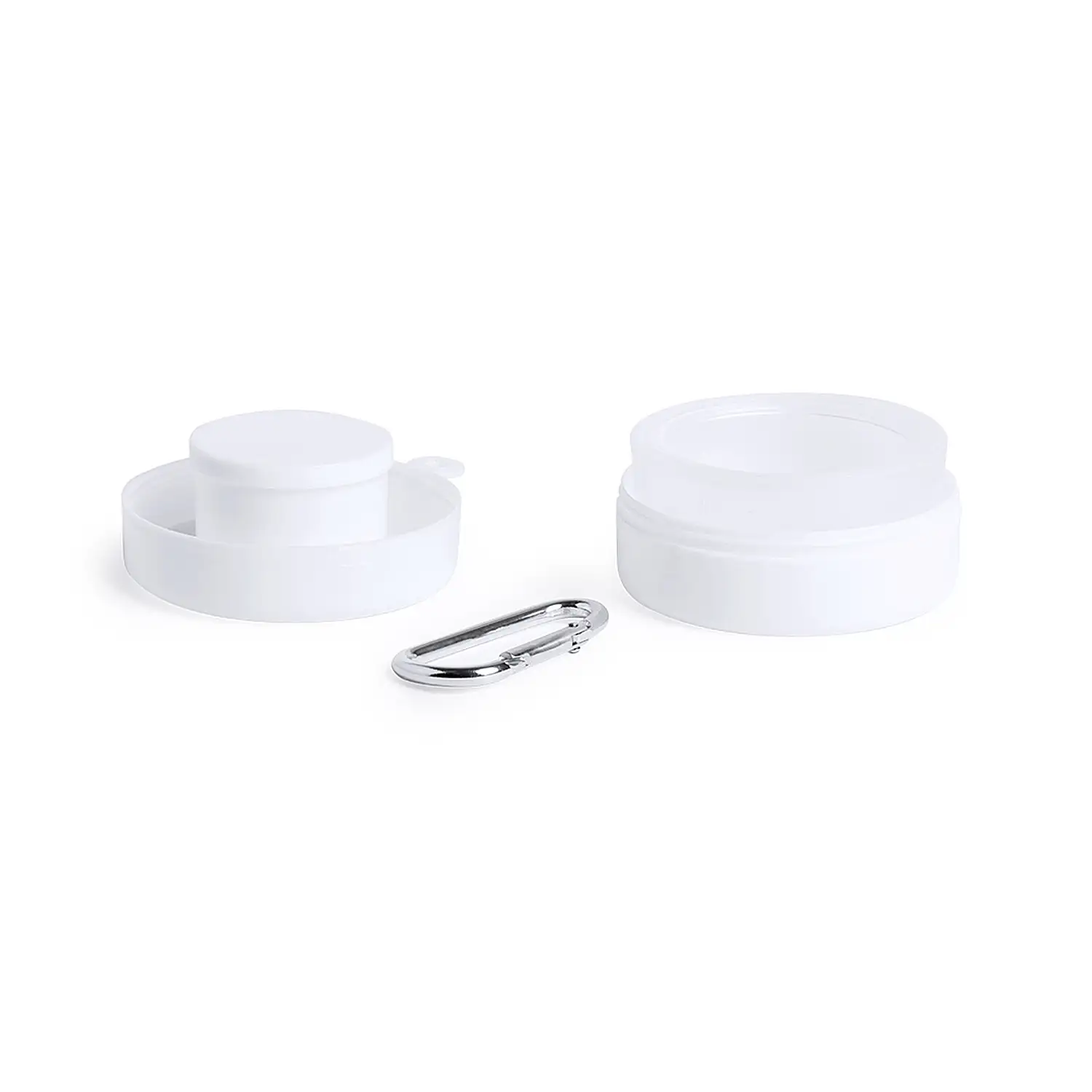 Vaso plegable de 220ml y pastillero Berty. Incluye mosquetón y tapa.
