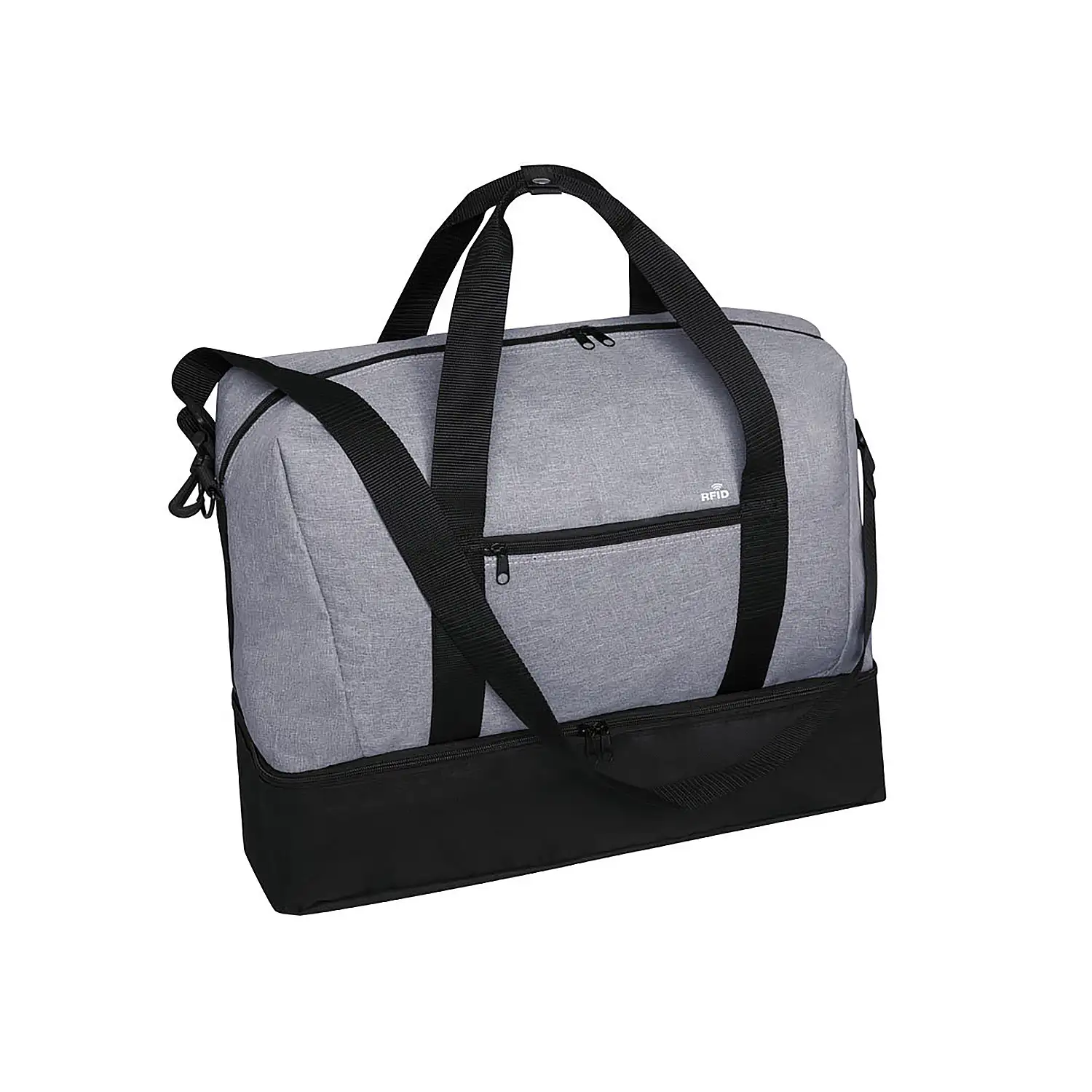 Bolso viaje poliester 6000D acabado denim con protector RFID. Compartimento Portazapatos