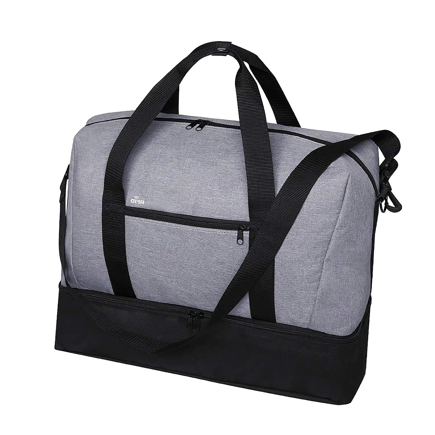 Bolso viaje poliester 6000D acabado denim con protector RFID. Compartimento Portazapatos