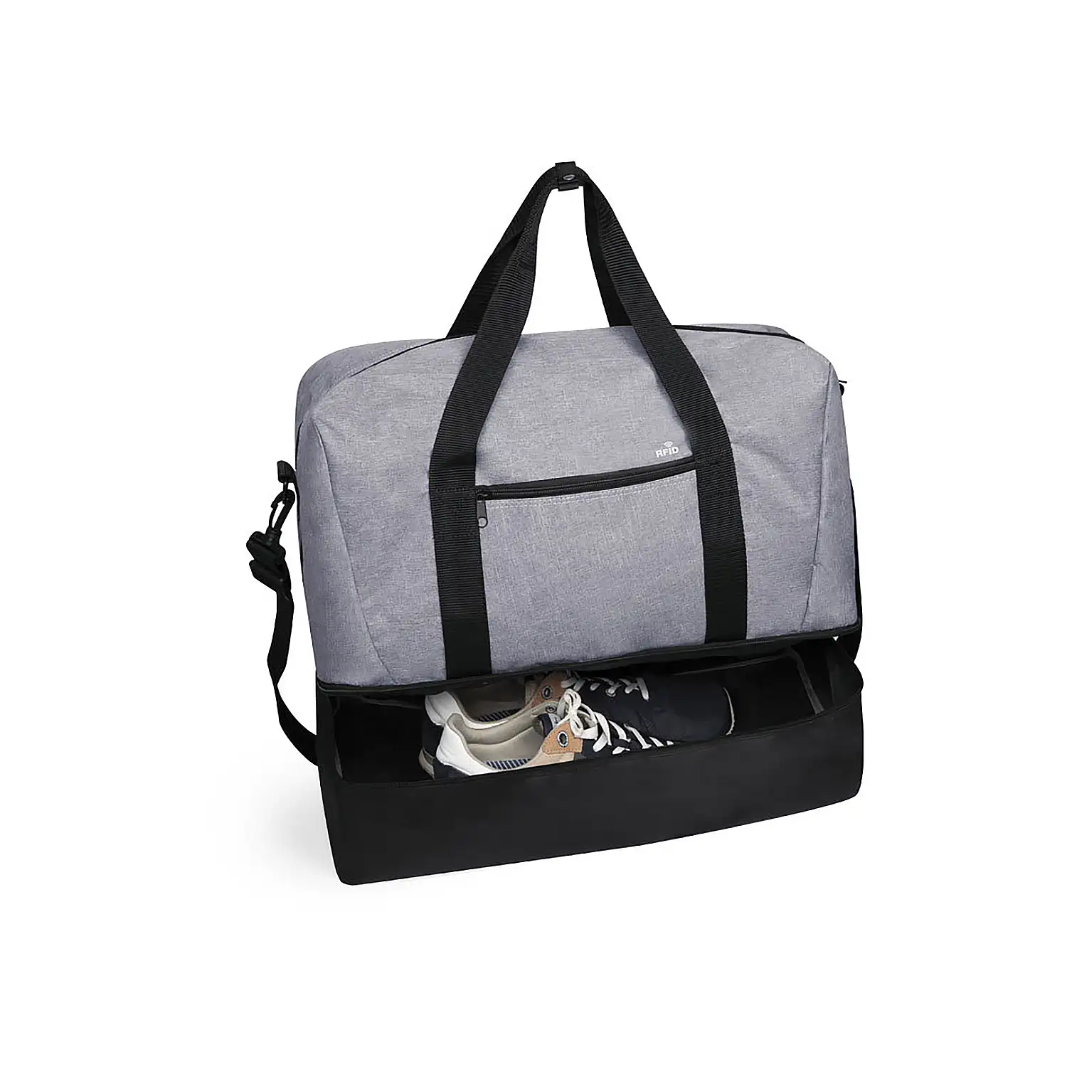 Bolso viaje poliester 6000D acabado denim con protector RFID. Compartimento Portazapatos