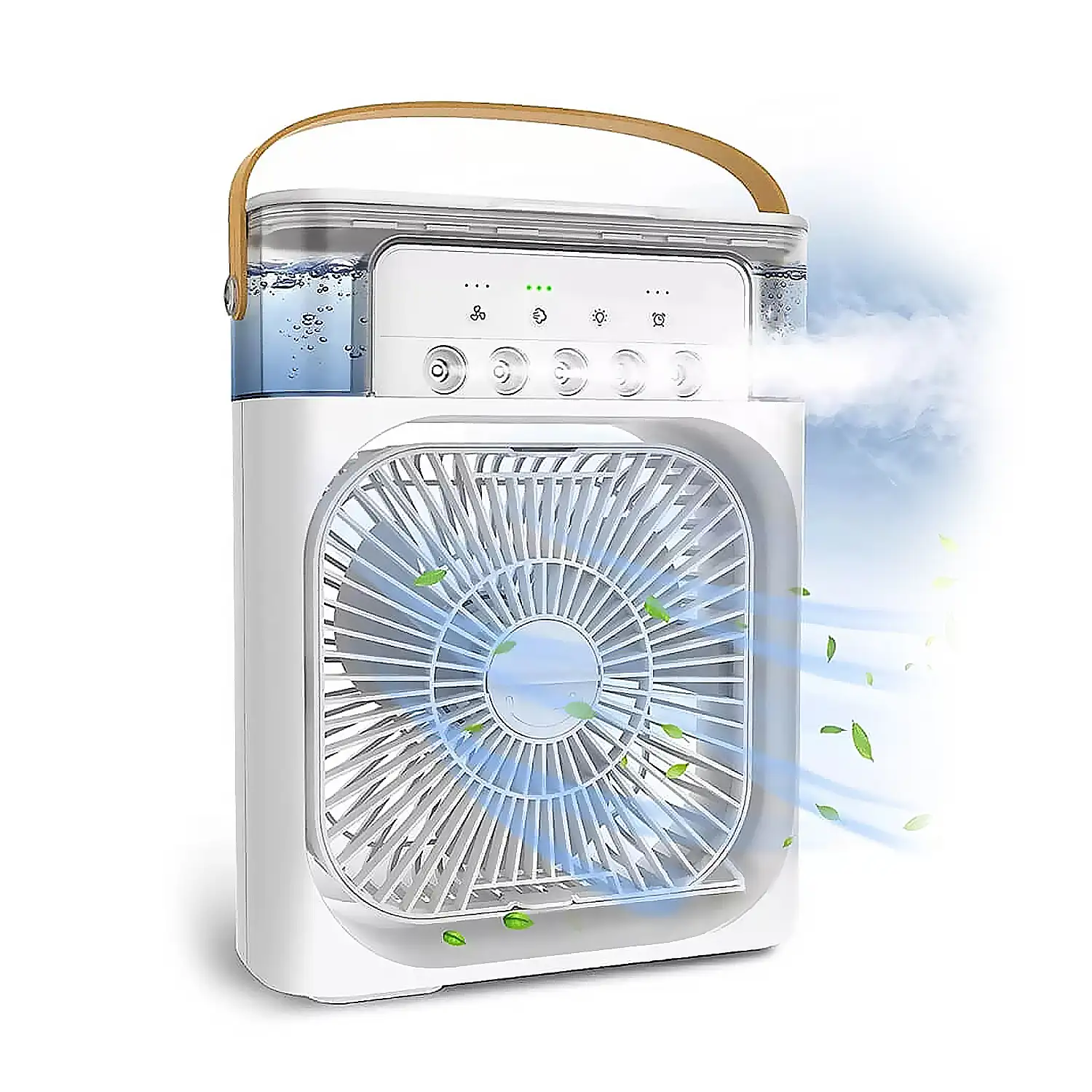 Ventilador de aire frío con 3 intensidades y luz RGB ajustable.