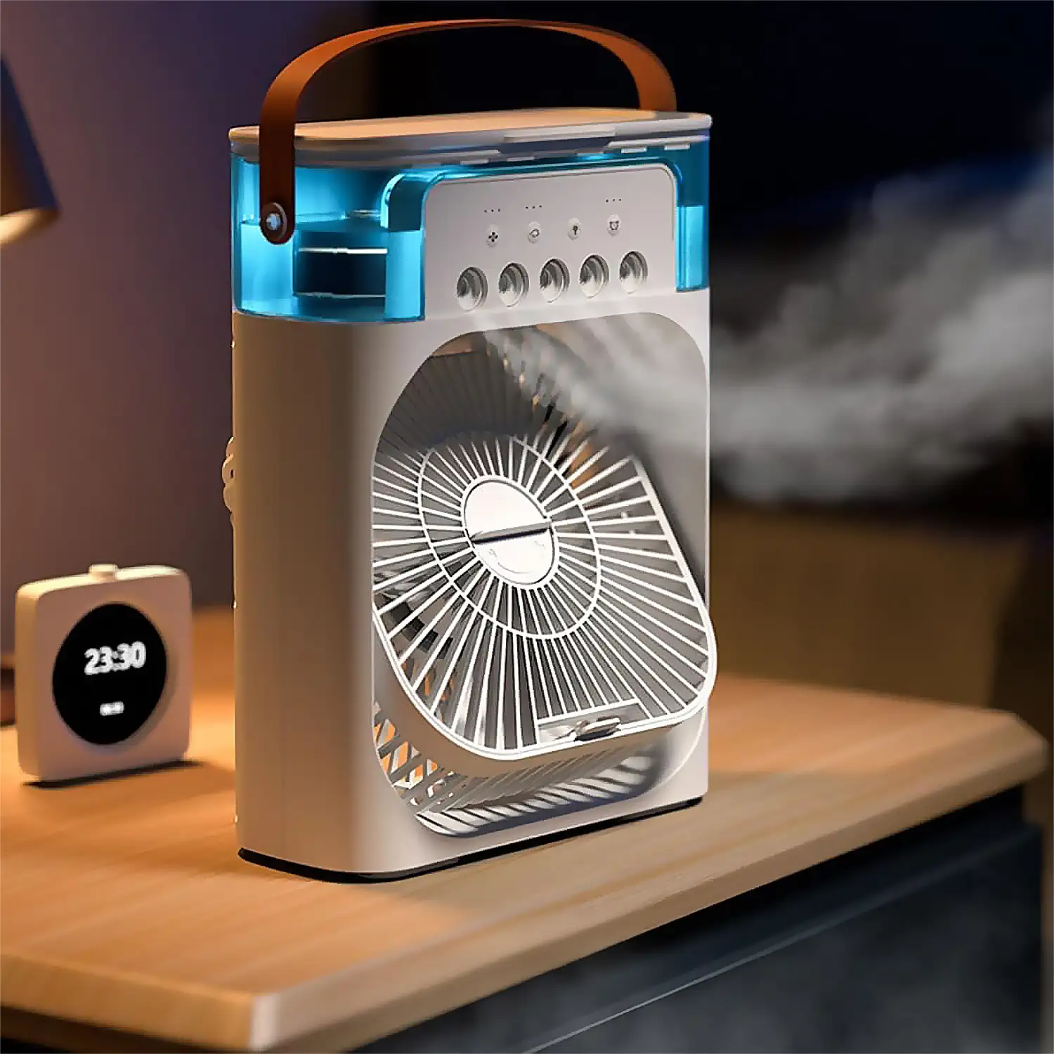 Ventilador de aire frío con 3 intensidades y luz RGB ajustable.