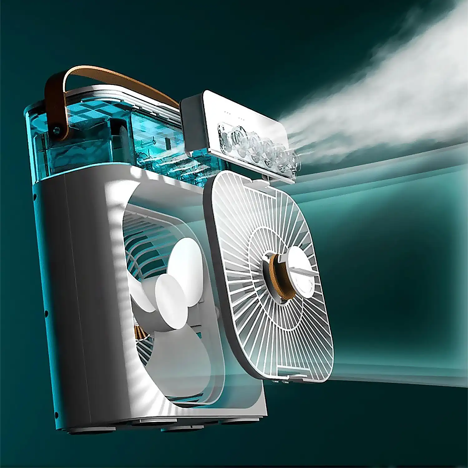 Ventilador de aire frío con 3 intensidades y luz RGB ajustable.