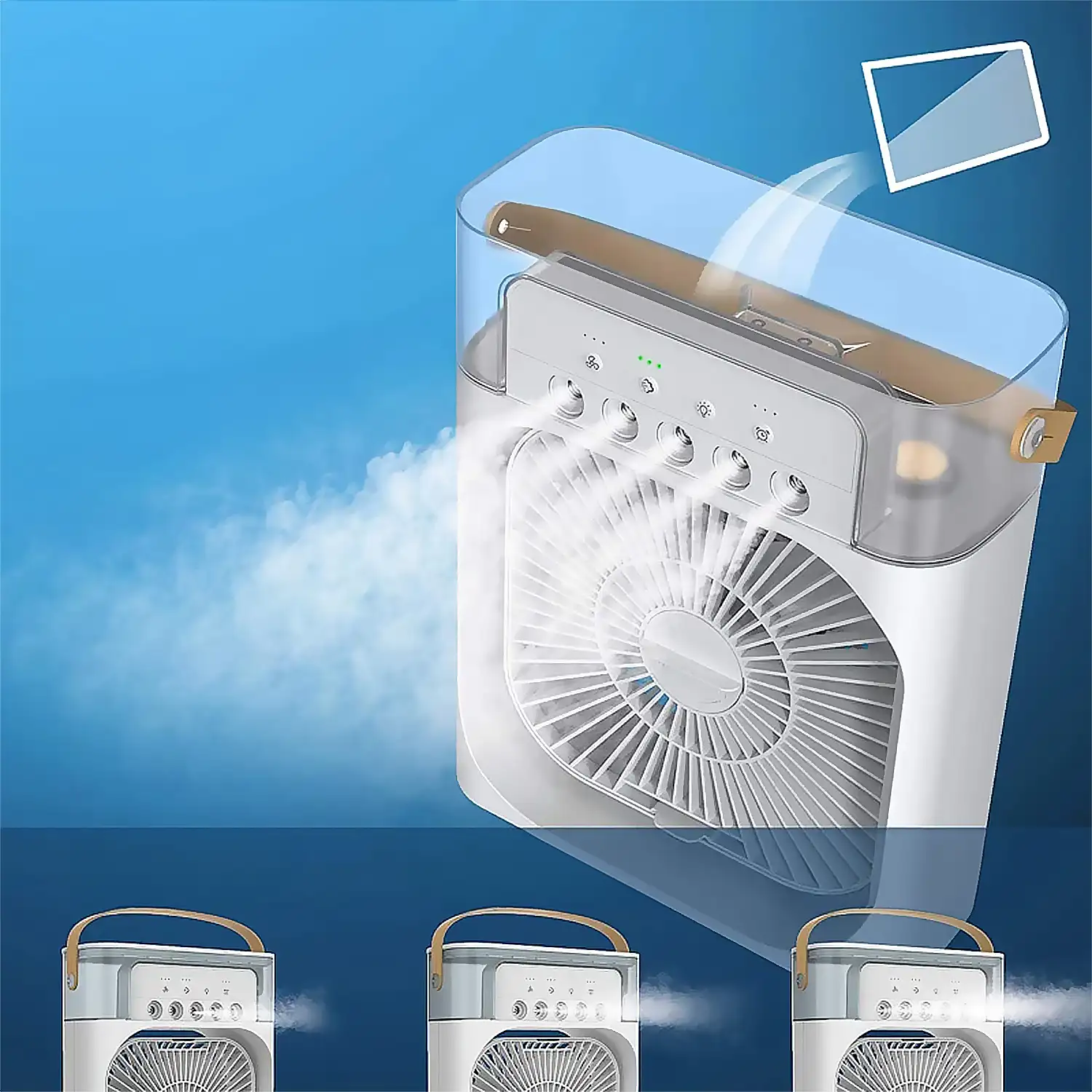 Ventilador de aire frío con 3 intensidades y luz RGB ajustable.