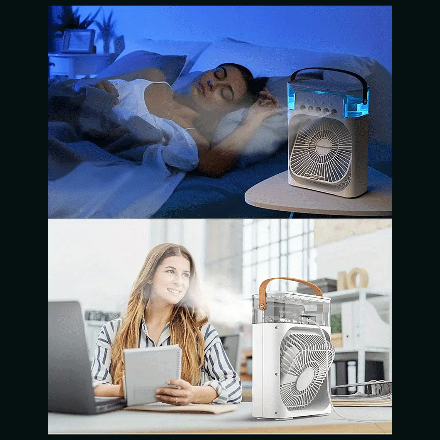 Ventilador de aire frío con 3 intensidades y luz RGB ajustable.