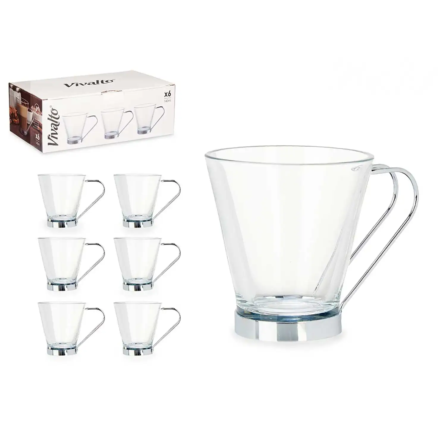 PACK 6 TAZAS VIDRIO CON ASA METAL 140 ML CORTADO