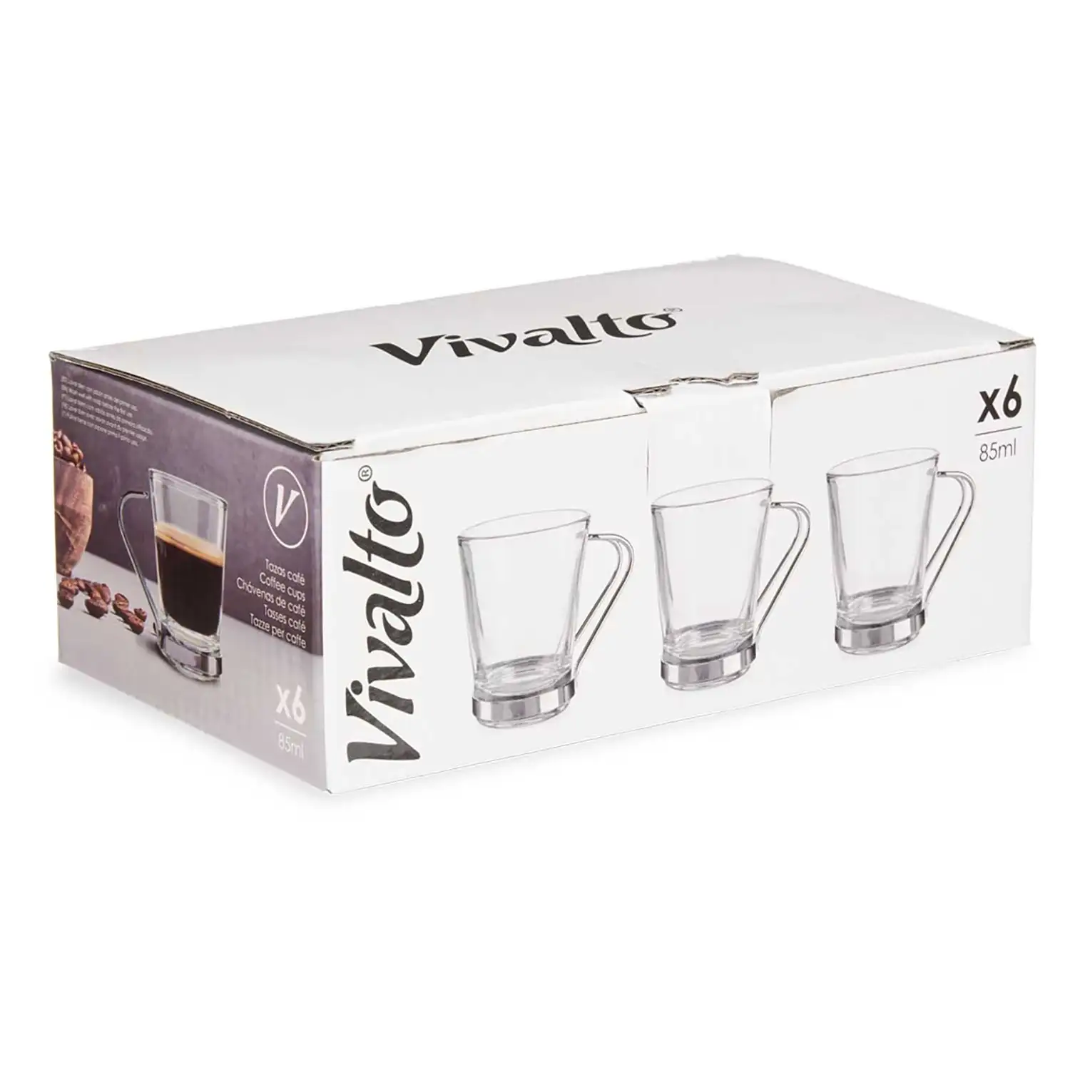 PACK 6 TAZAS VIDRIO CON ASA METAL 85 ML CAFE