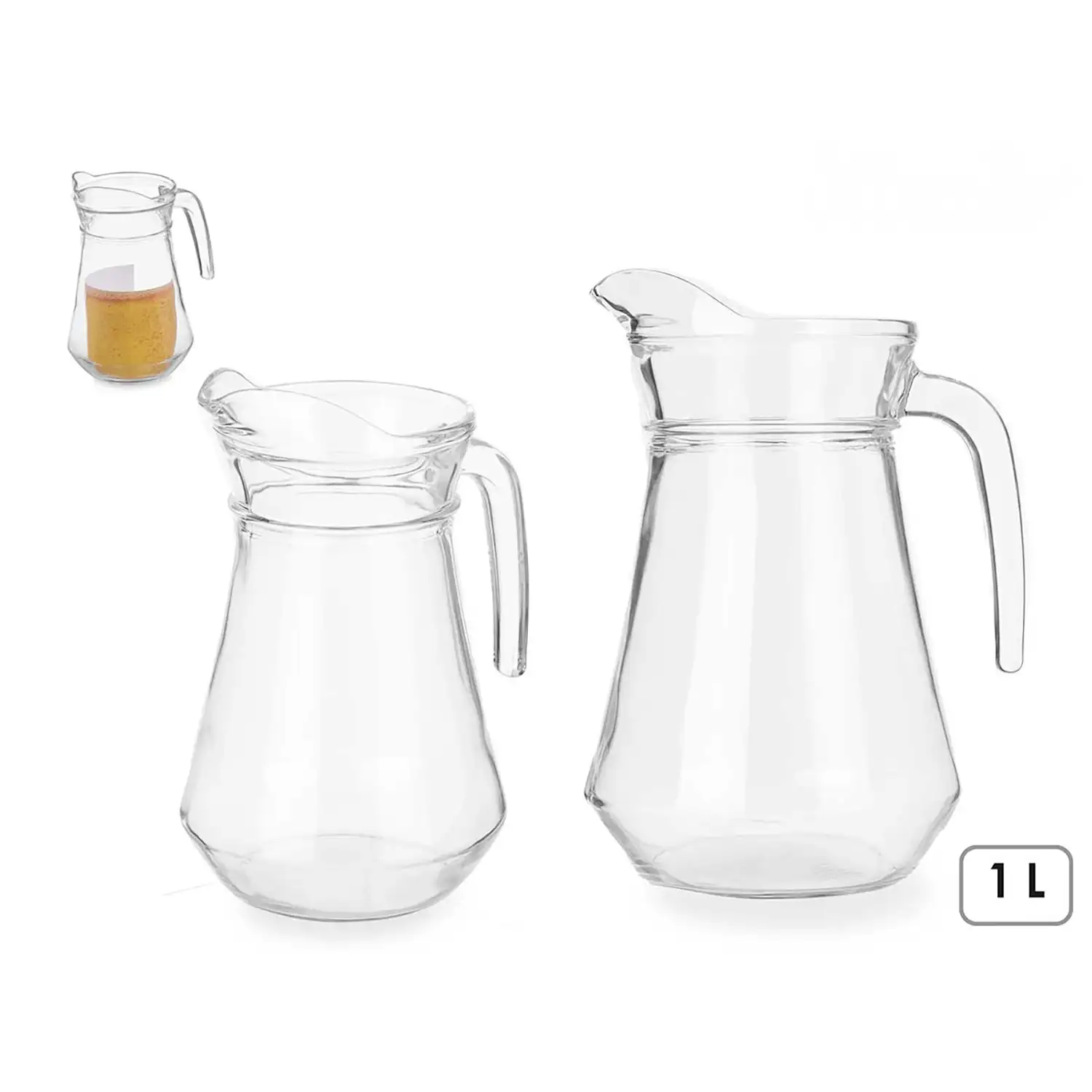 Jarra de vidrio con asa con 1L de capacidad.