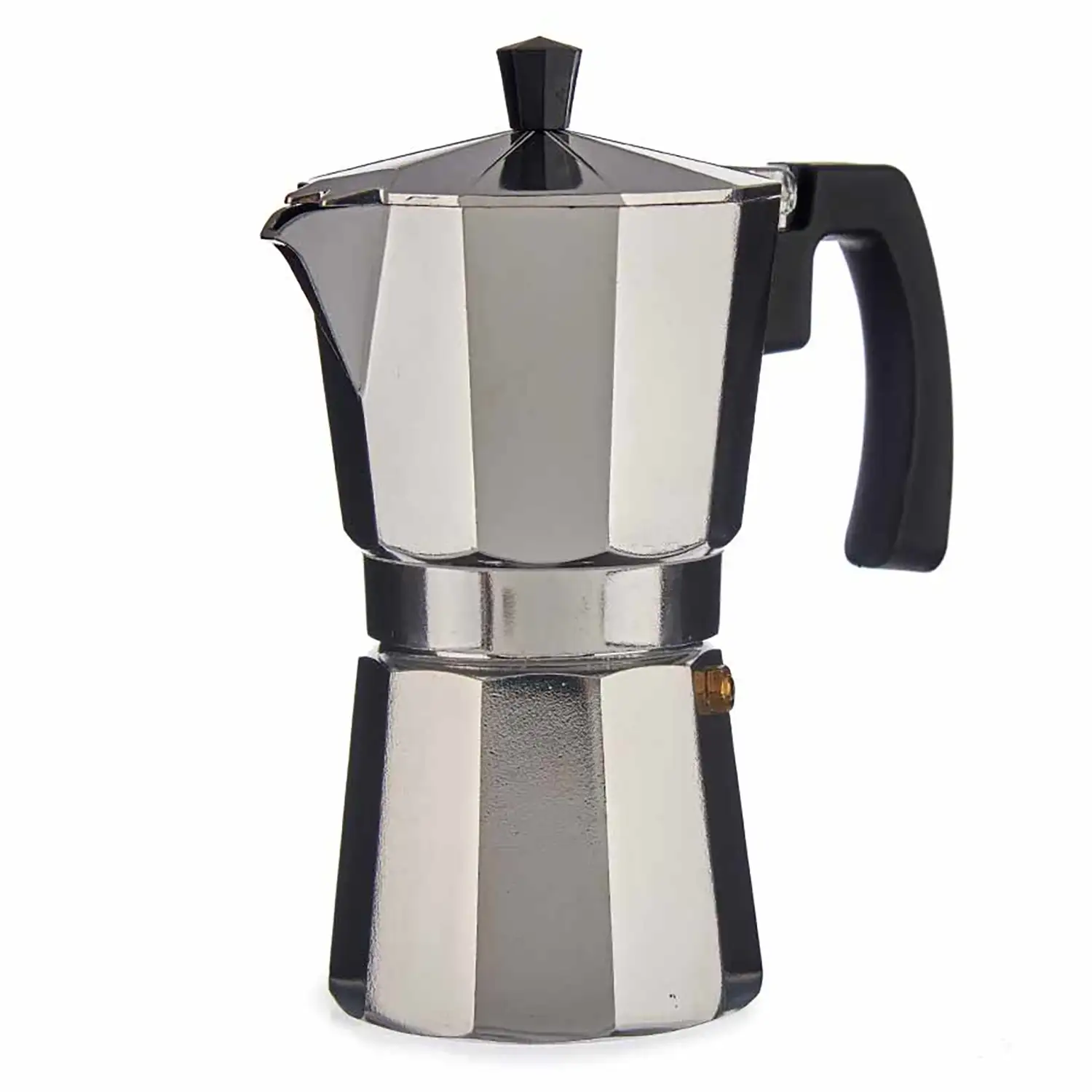 Cafetera de aluminio con asa y capacidad de 450ml para 9 tazas.
