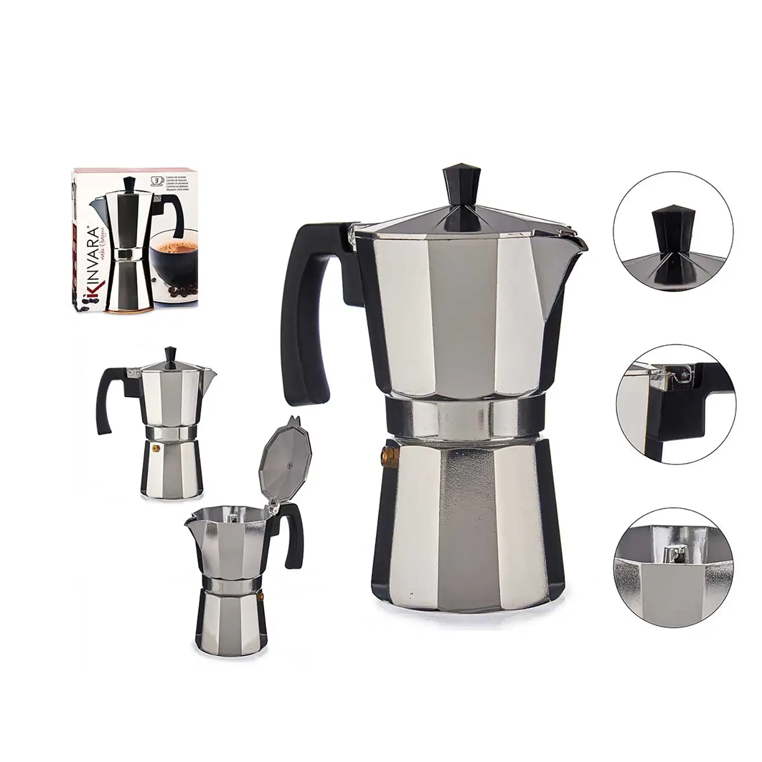 Cafetera de aluminio con asa y capacidad de 450ml para 9 tazas.