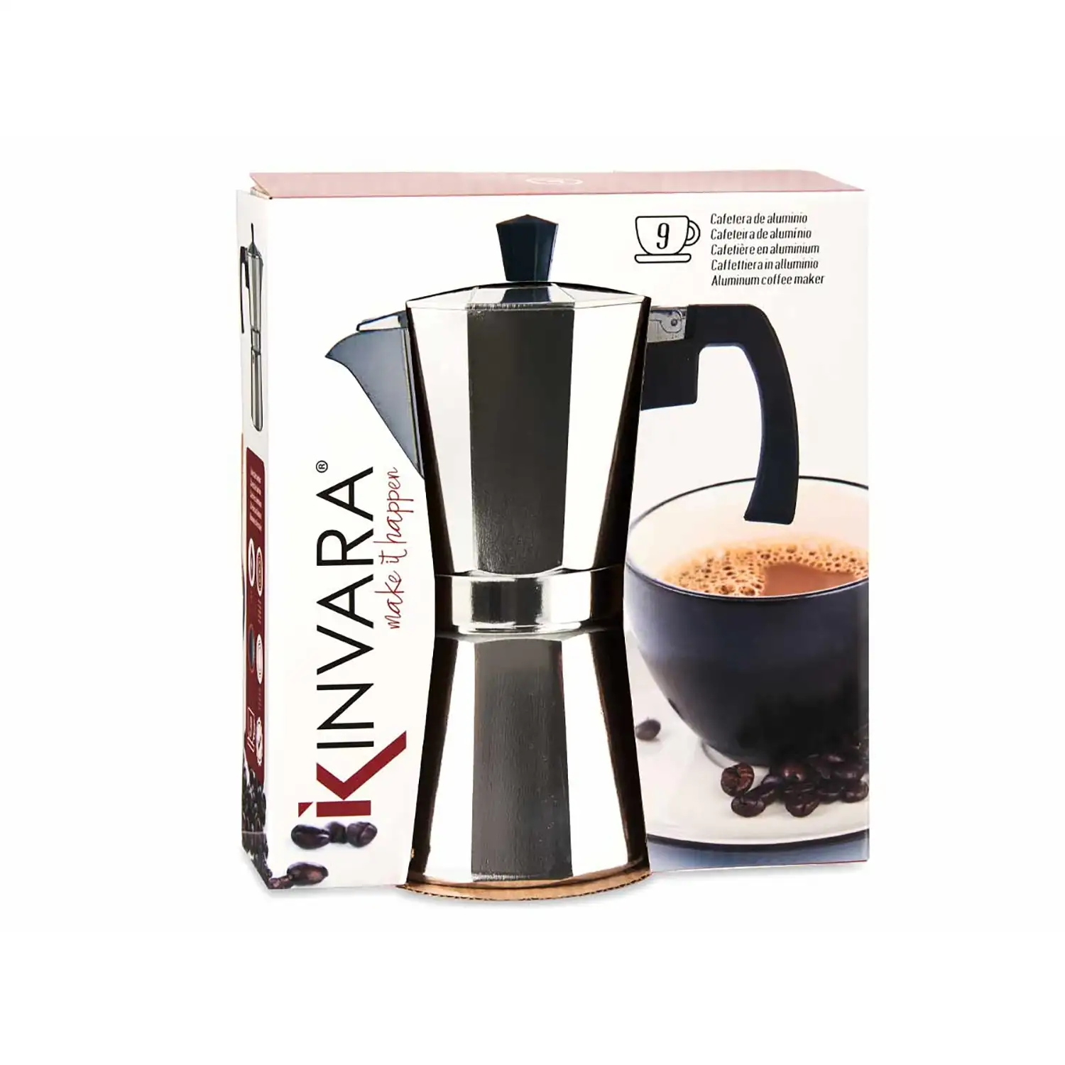 Cafetera de aluminio con asa y capacidad de 450ml para 9 tazas.