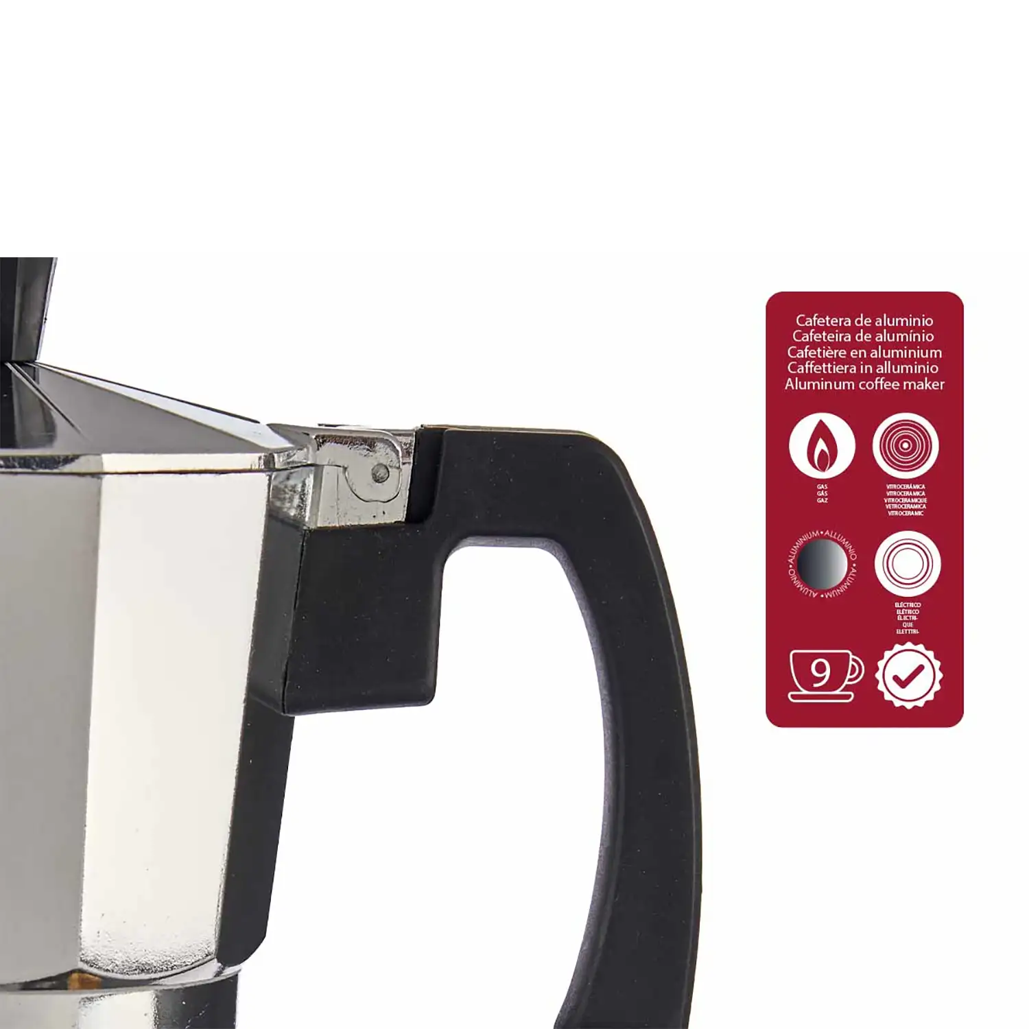 Cafetera de aluminio con asa y capacidad de 450ml para 9 tazas.