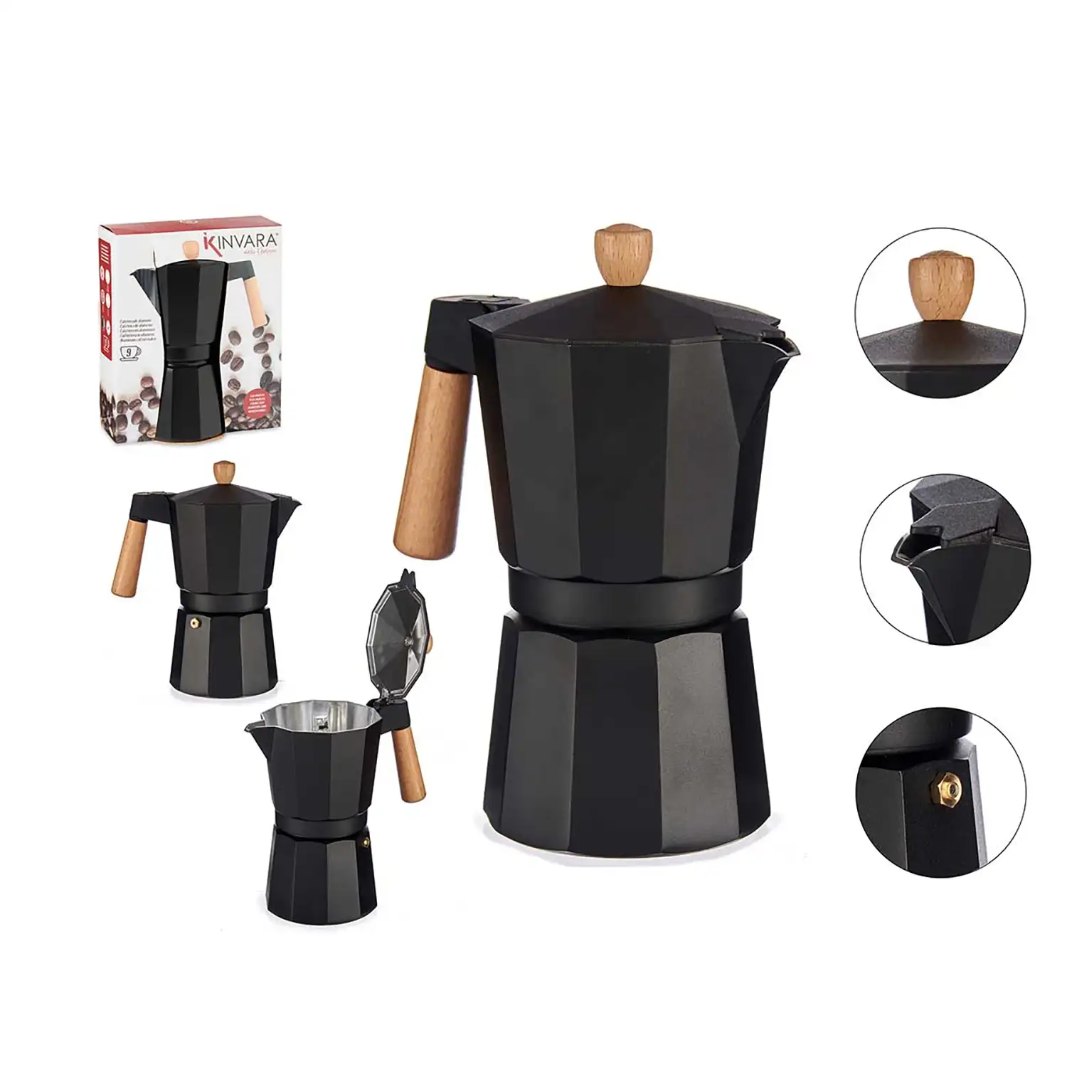 Cafetera de aluminio con asa de madera y capacidad de 450ml para 9 tazas.