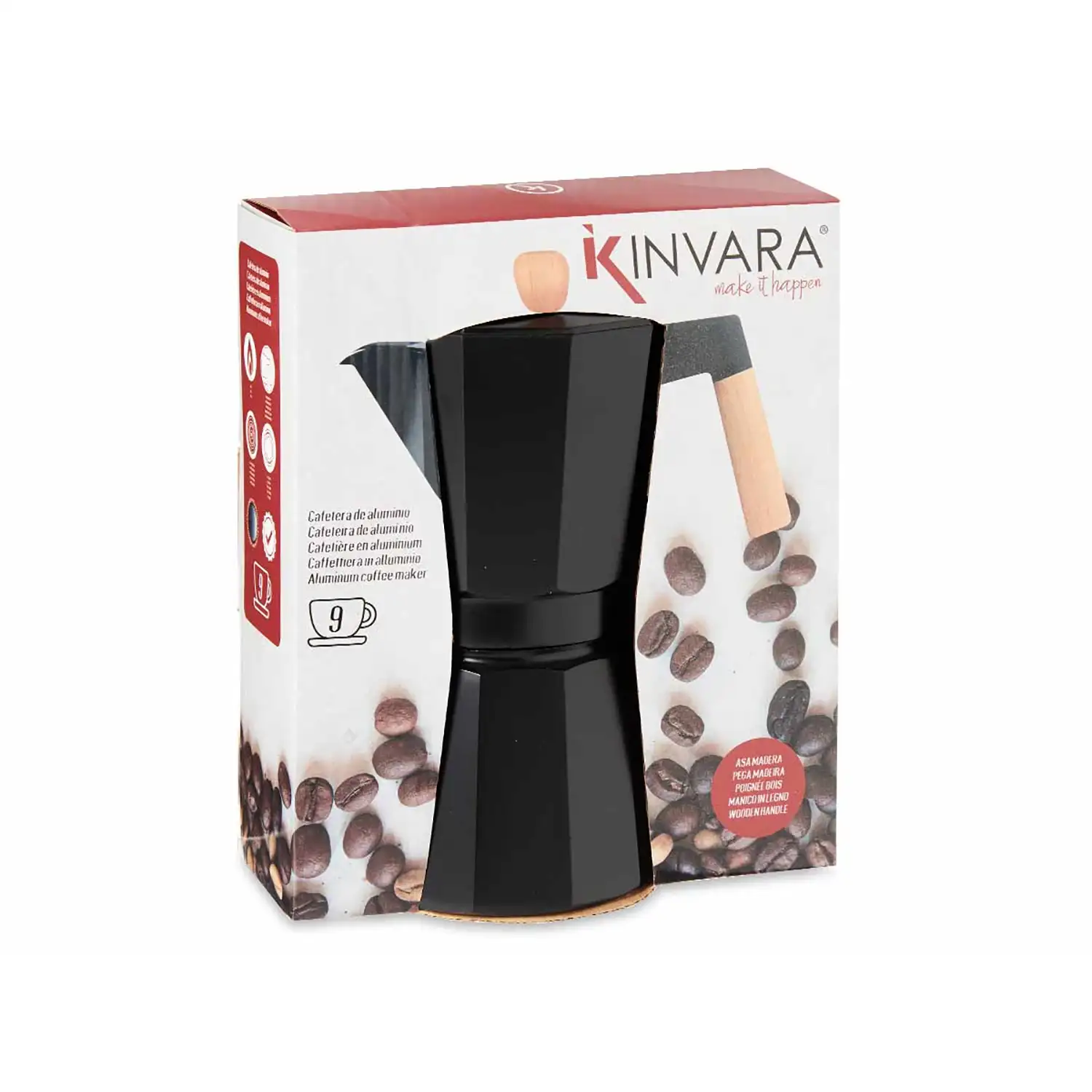 Cafetera de aluminio con asa de madera y capacidad de 450ml para 9 tazas.