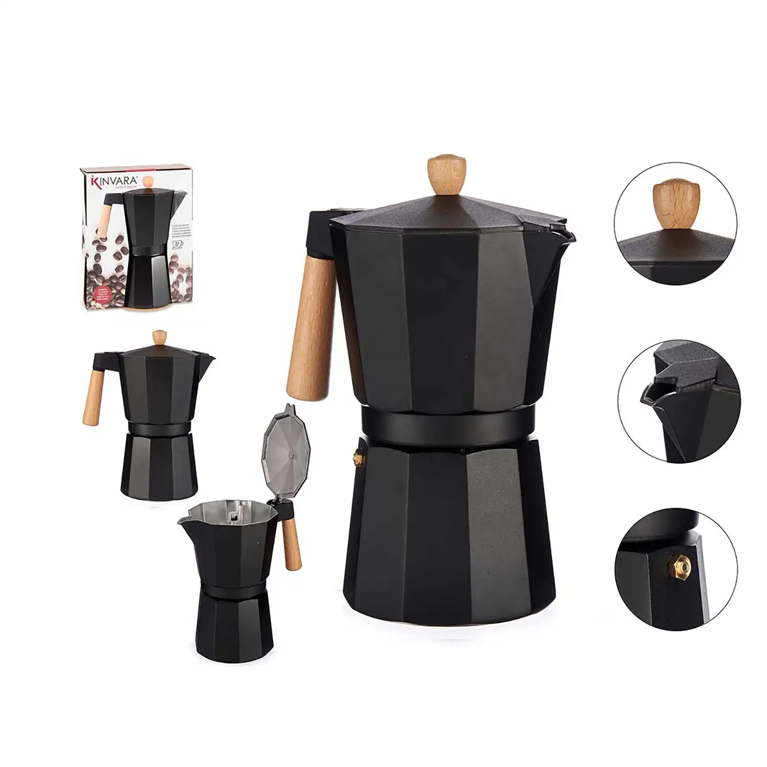 CAFETERA ALUMINIO 12 TAZAS NEGRA ASA MADERA