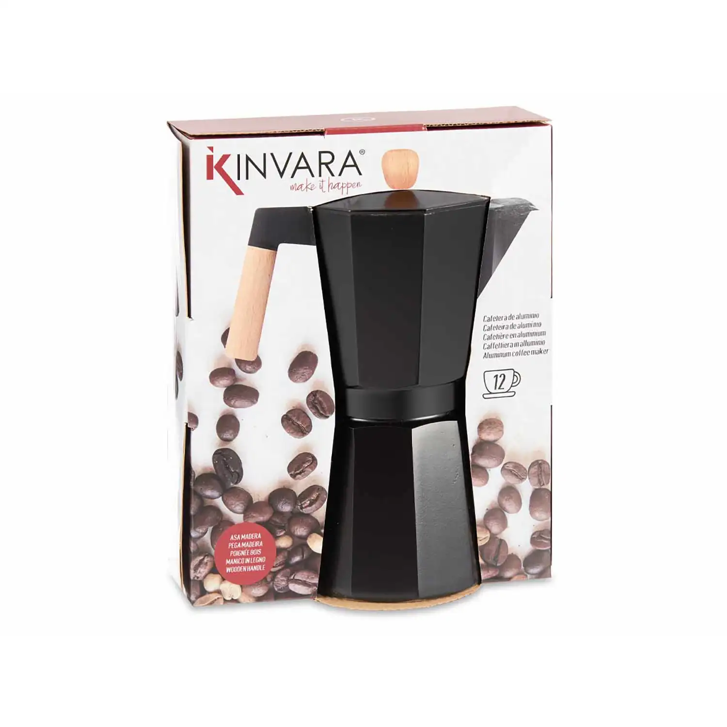 CAFETERA ALUMINIO 12 TAZAS NEGRA ASA MADERA