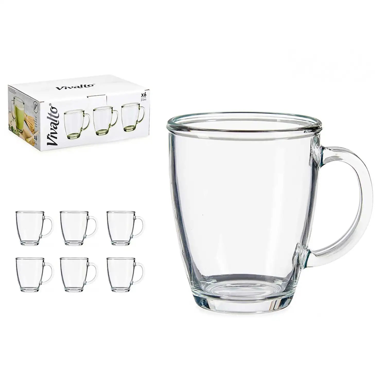 PACK 6 TAZAS VIDRIO DESAYUNO 310 ML CON ASA