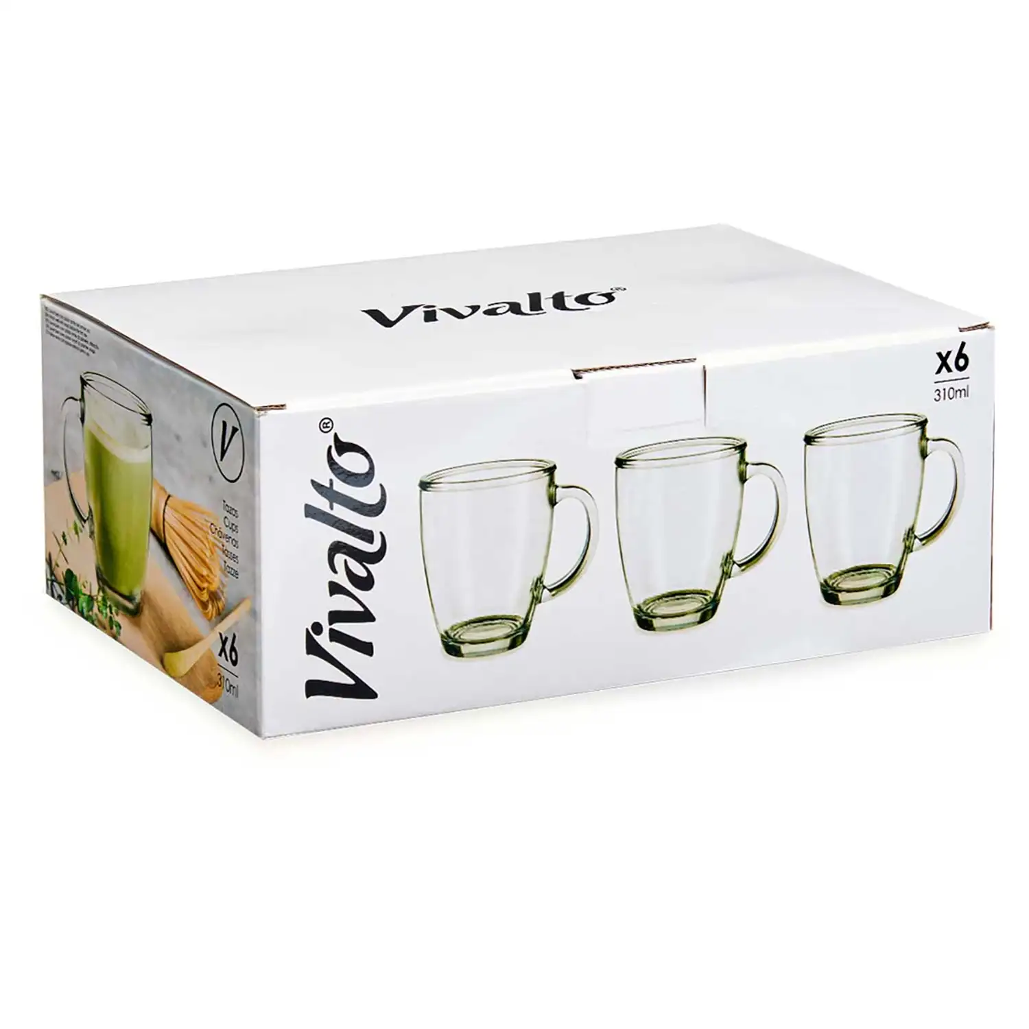 PACK 6 TAZAS VIDRIO DESAYUNO 310 ML CON ASA