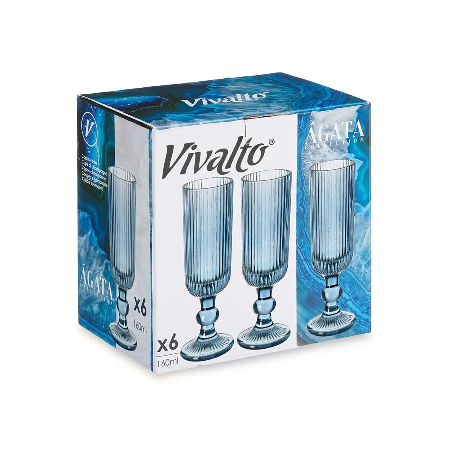 PACK 6 COPAS CHAMPAGNE 160ML AZUL OSCURO RAYAS