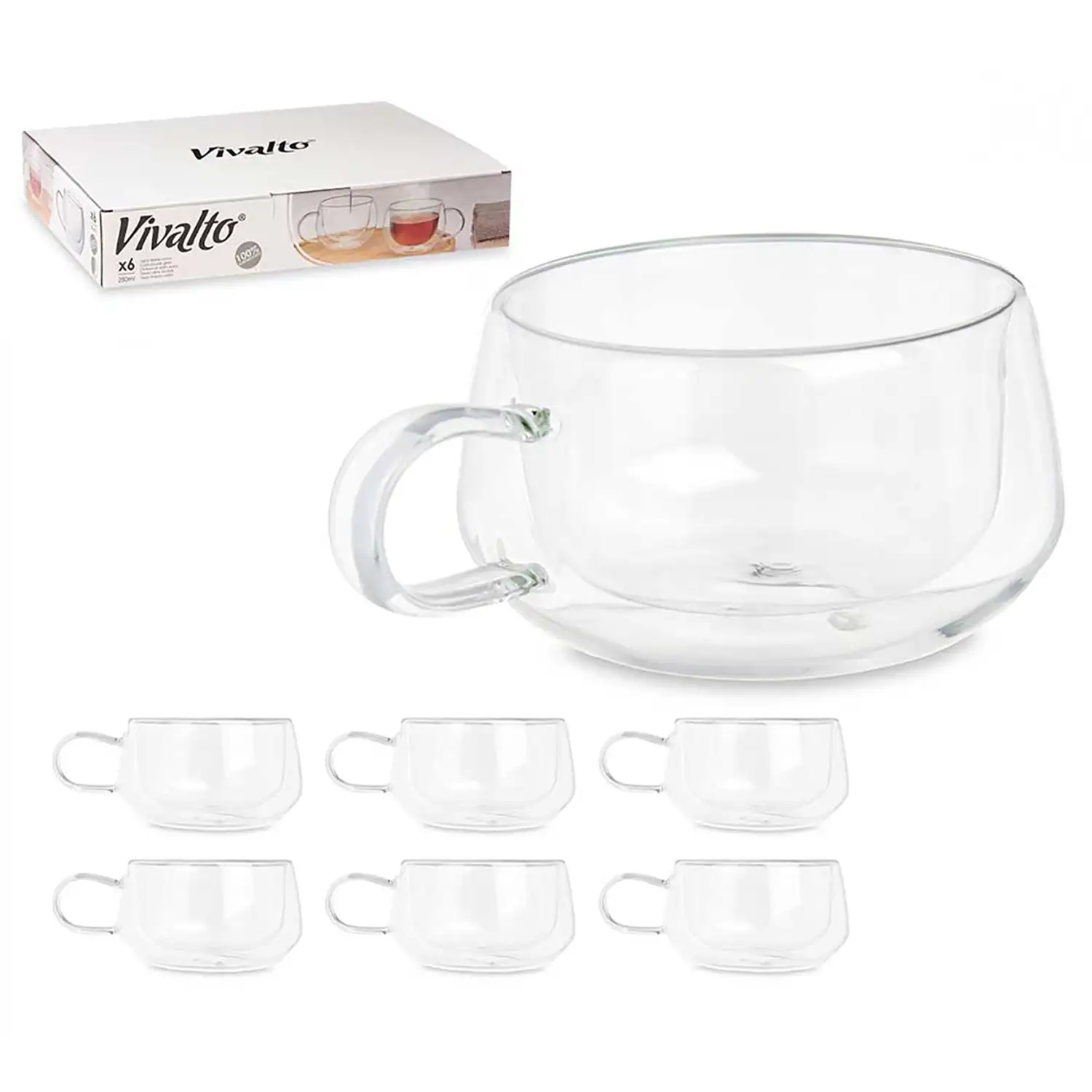 Pack de 6 tazas para té de borosilicato con doble pared y 280 ml de capacidad.