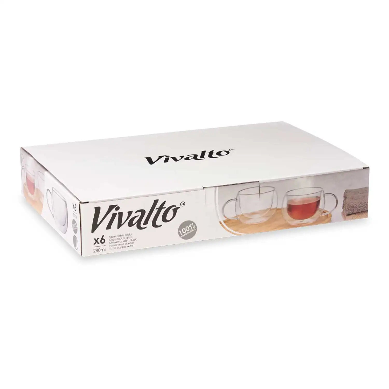 Pack de 6 tazas para té de borosilicato con doble pared y 280 ml de capacidad.