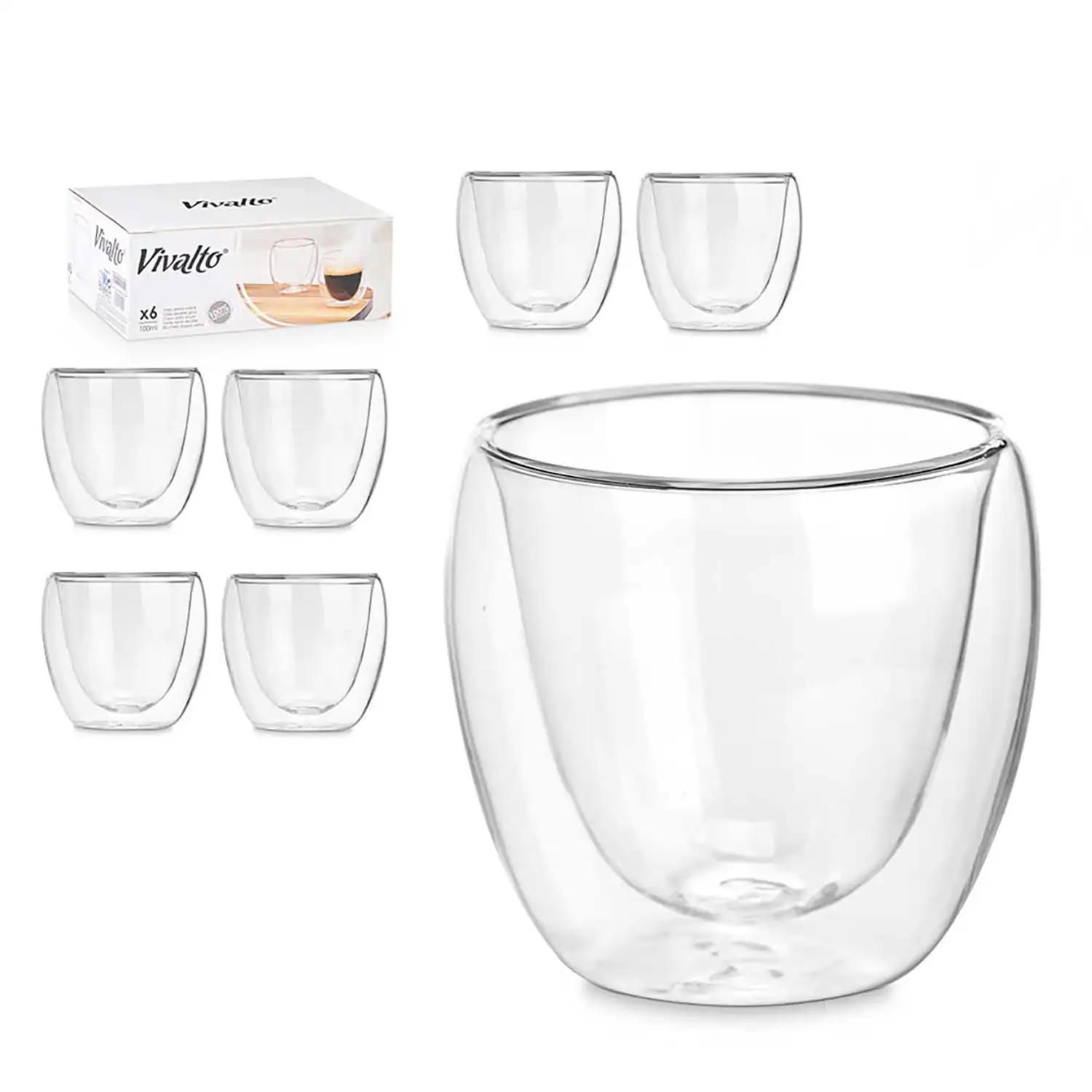 Pack de 6 vasos para café de borosilicato con doble pared y 100 ml de capacidad.