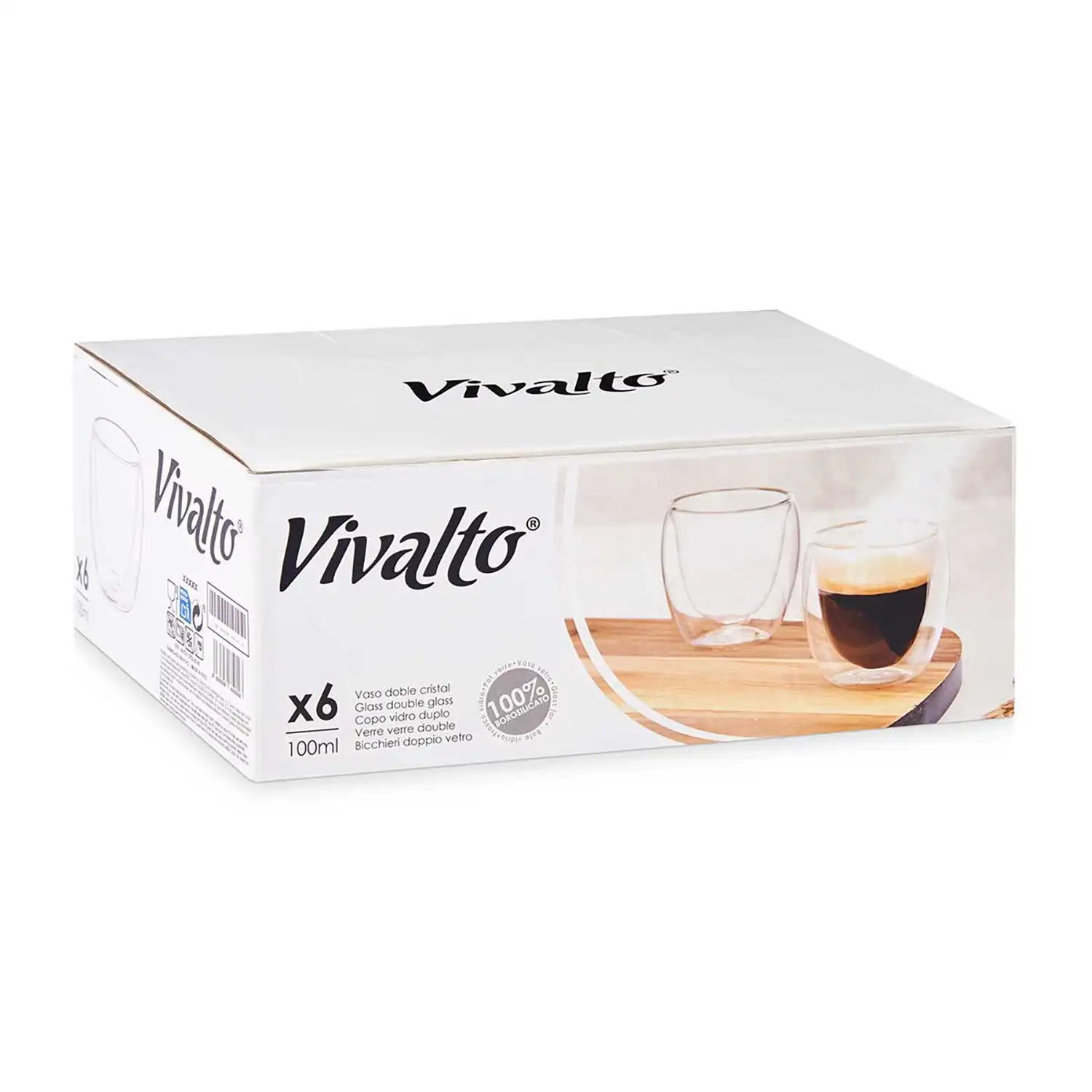 Pack de 6 vasos para café de borosilicato con doble pared y 100 ml de capacidad.