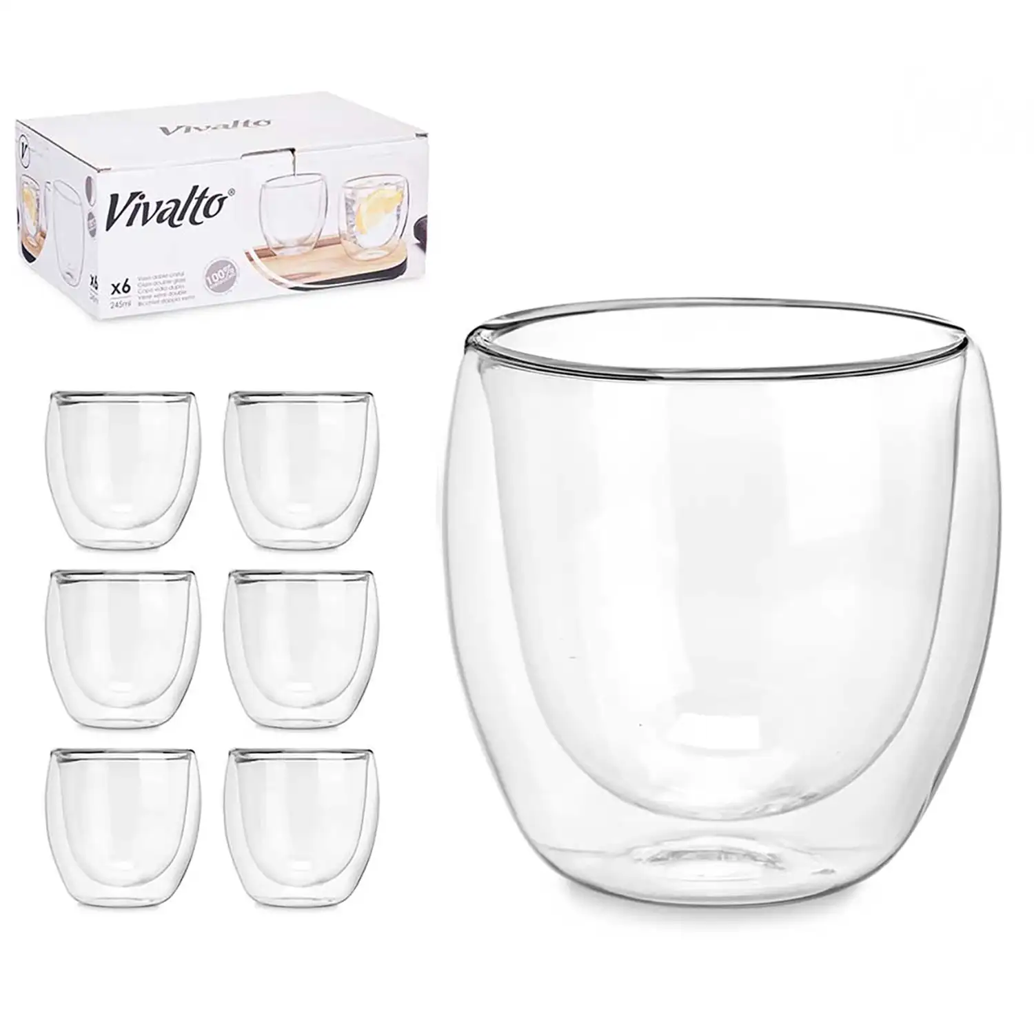 Pack de 6 vasos para agua de borosilicato con doble pared y 246 ml de capacidad.