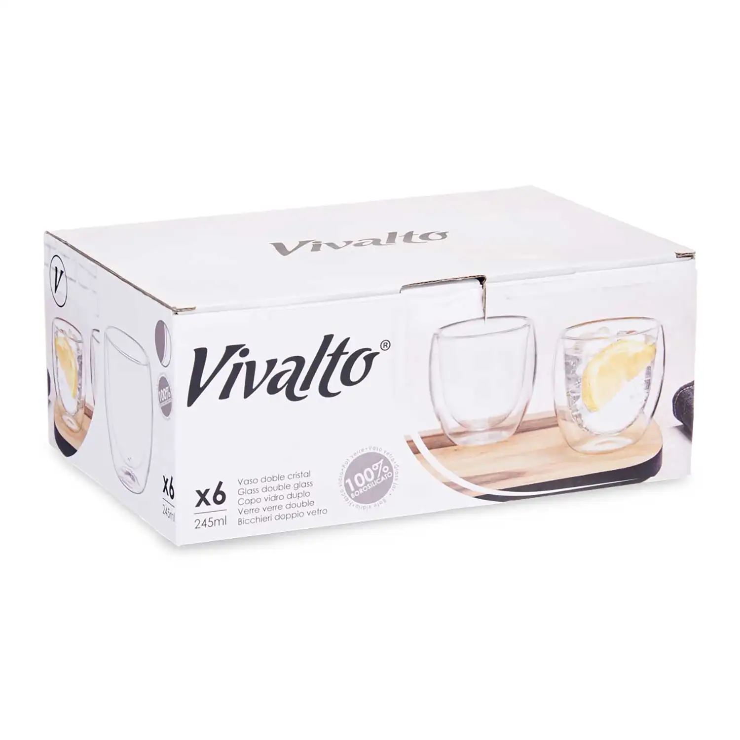 Pack de 6 vasos para agua de borosilicato con doble pared y 246 ml de capacidad.