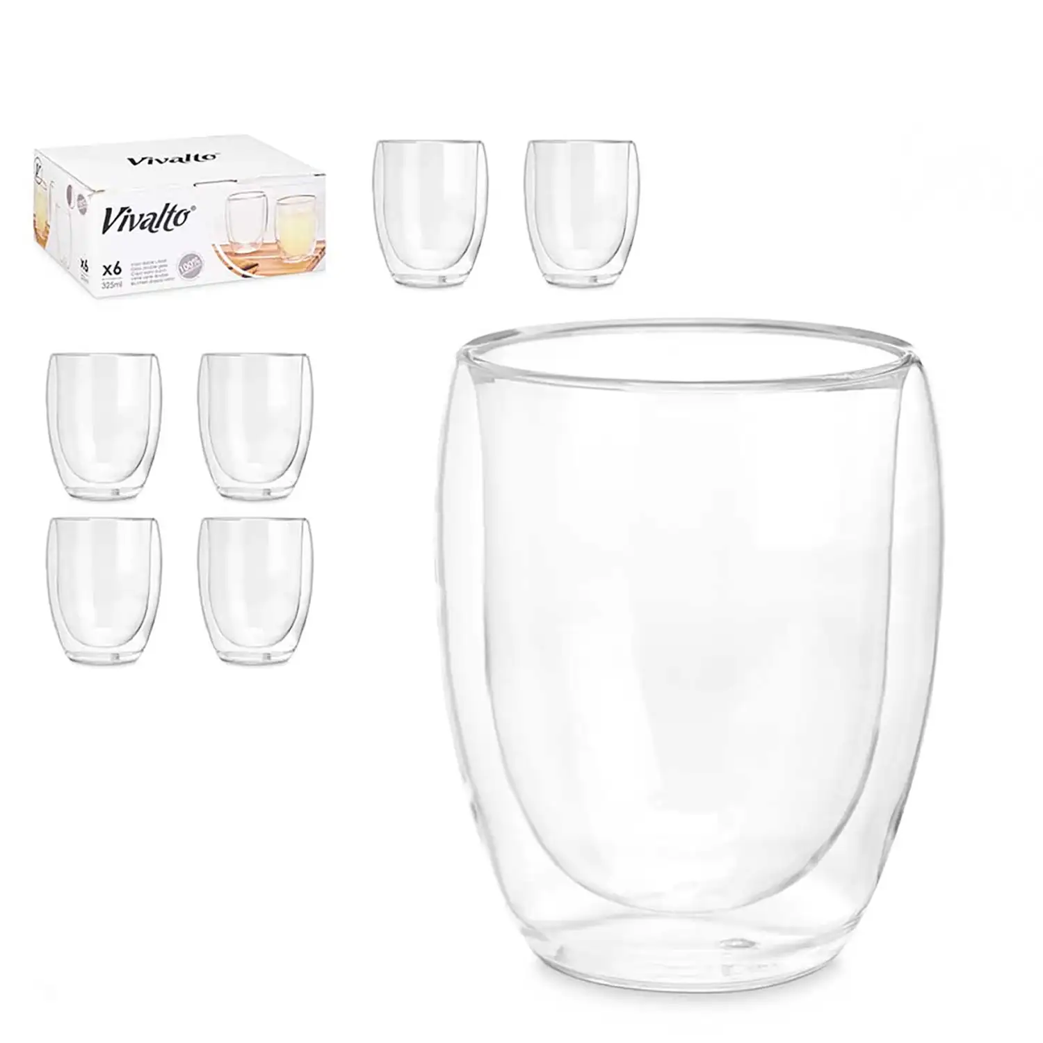 Pack de 6 vasos para refrescos de borosilicato con doble pared y 326 ml de capacidad.