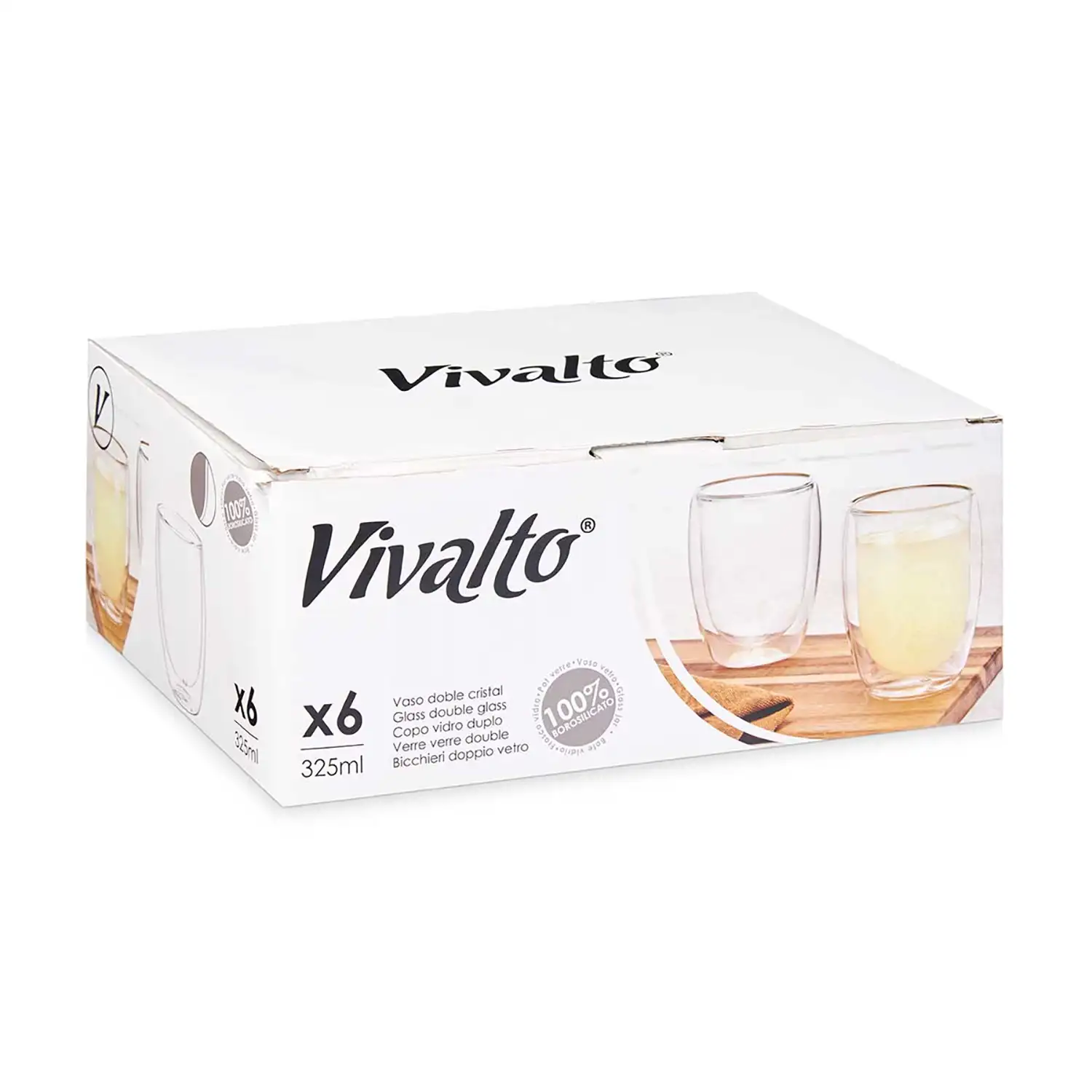 Pack de 6 vasos para refrescos de borosilicato con doble pared y 326 ml de capacidad.