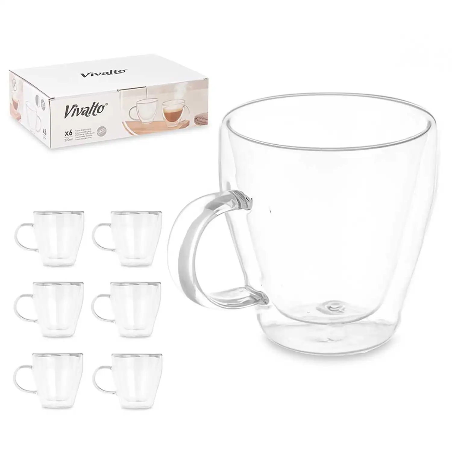 Pack de 6 tazas para desayuno de borosilicato con doble pared y 270ml de capacidad.