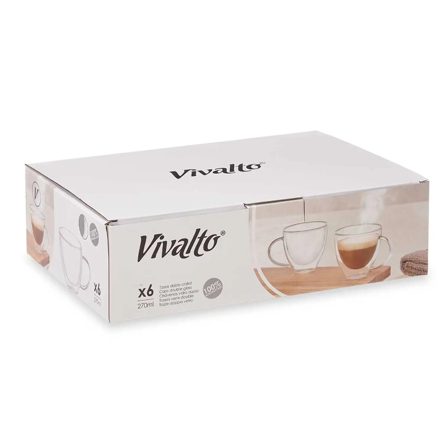 Pack de 6 tazas para desayuno de borosilicato con doble pared y 270ml de capacidad.