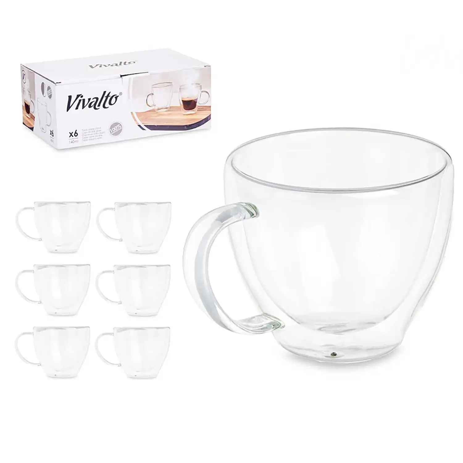 Pack de 6 tazas para café de borosilicato con doble pared y 140ml de capacidad.