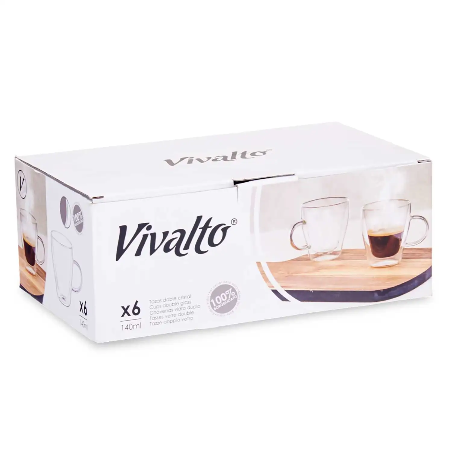 Pack de 6 tazas para café de borosilicato con doble pared y 140ml de capacidad.