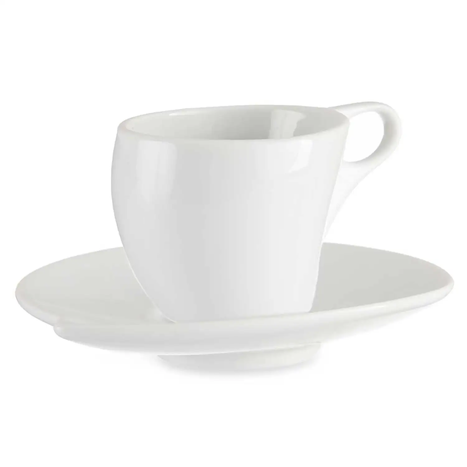 Set de 6 tazas y platos de porcelana blanca con 120 ml de capacidad.
