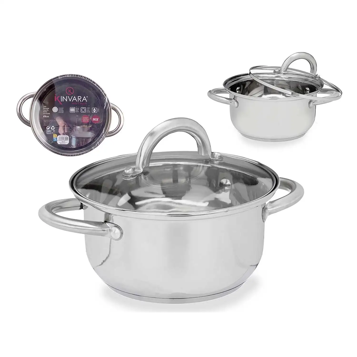 CACEROLA ACERO INOX SS201 18 CM C TAPA CRISTAL