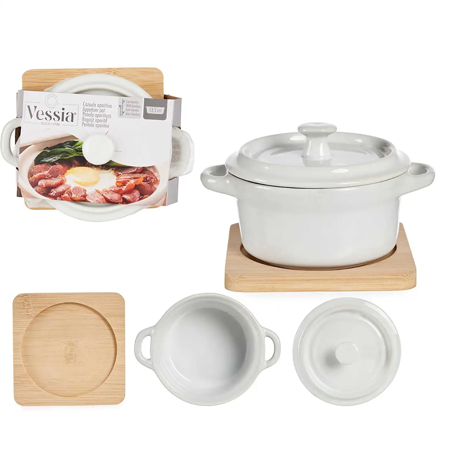 CAZUELA CERAMICA REDONDA CON BASE BAMBU
