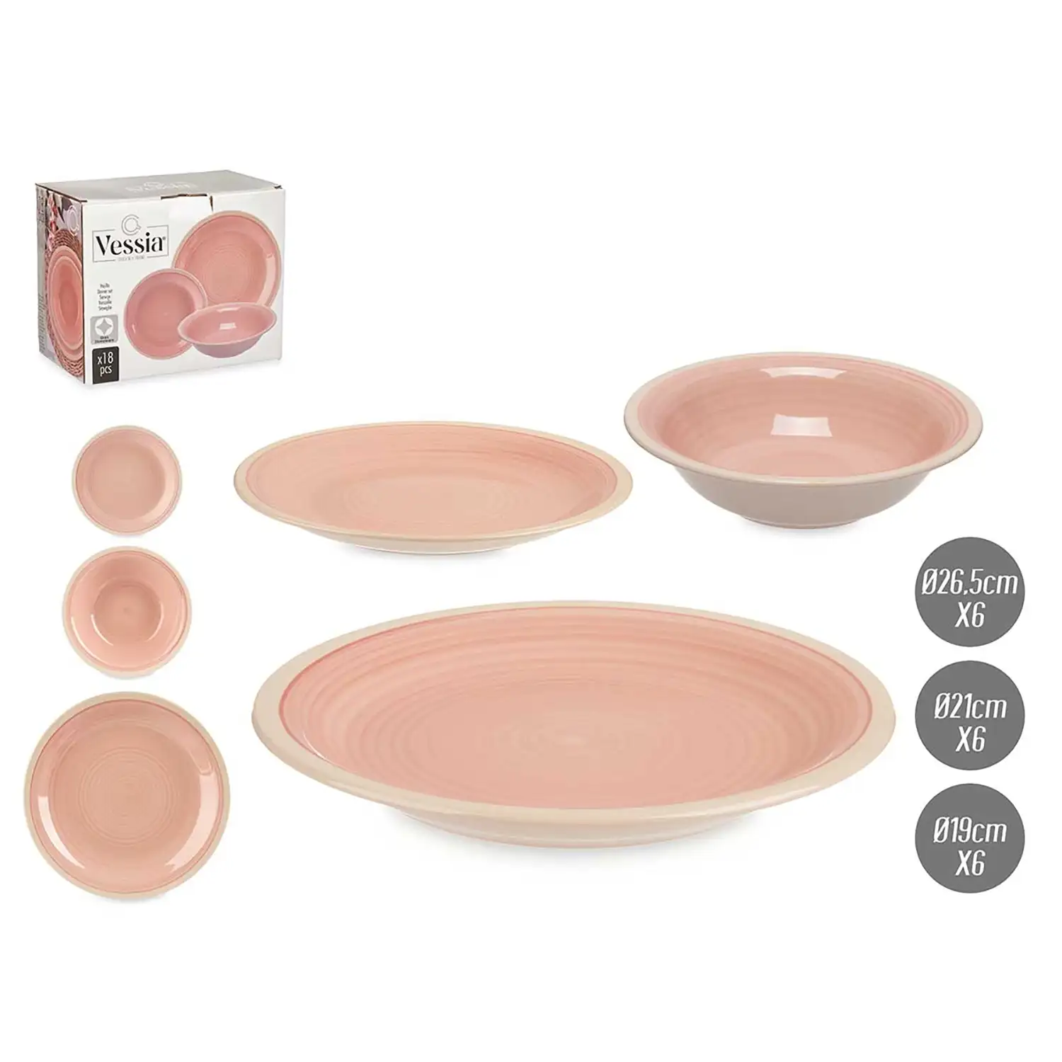 Set rosa de 18 piezas de vajilla de gres.