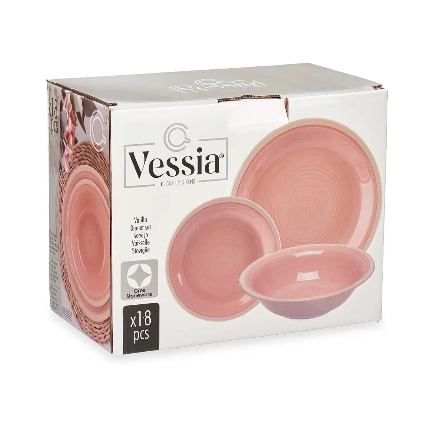 Set rosa de 18 piezas de vajilla de gres.