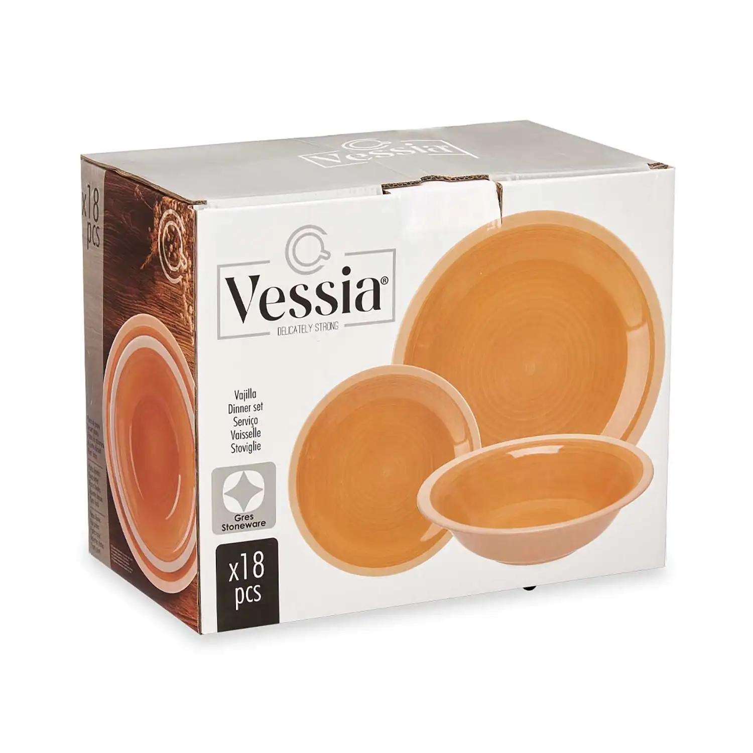 Set beige de 18 piezas de vajilla de cerámica.