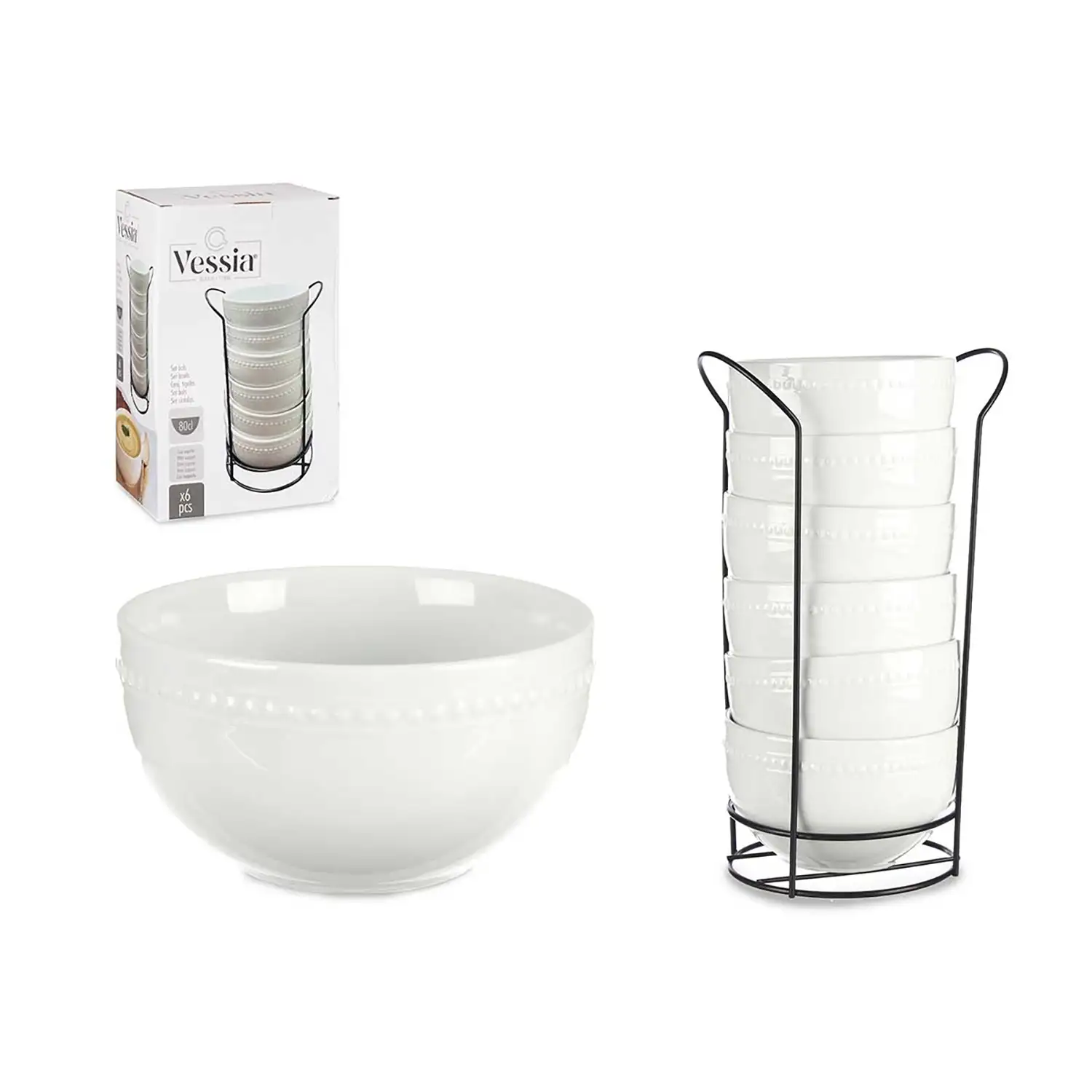 SET 6 BOL PORCELANA BLANCA 800ML C SOPORTE NEGRO