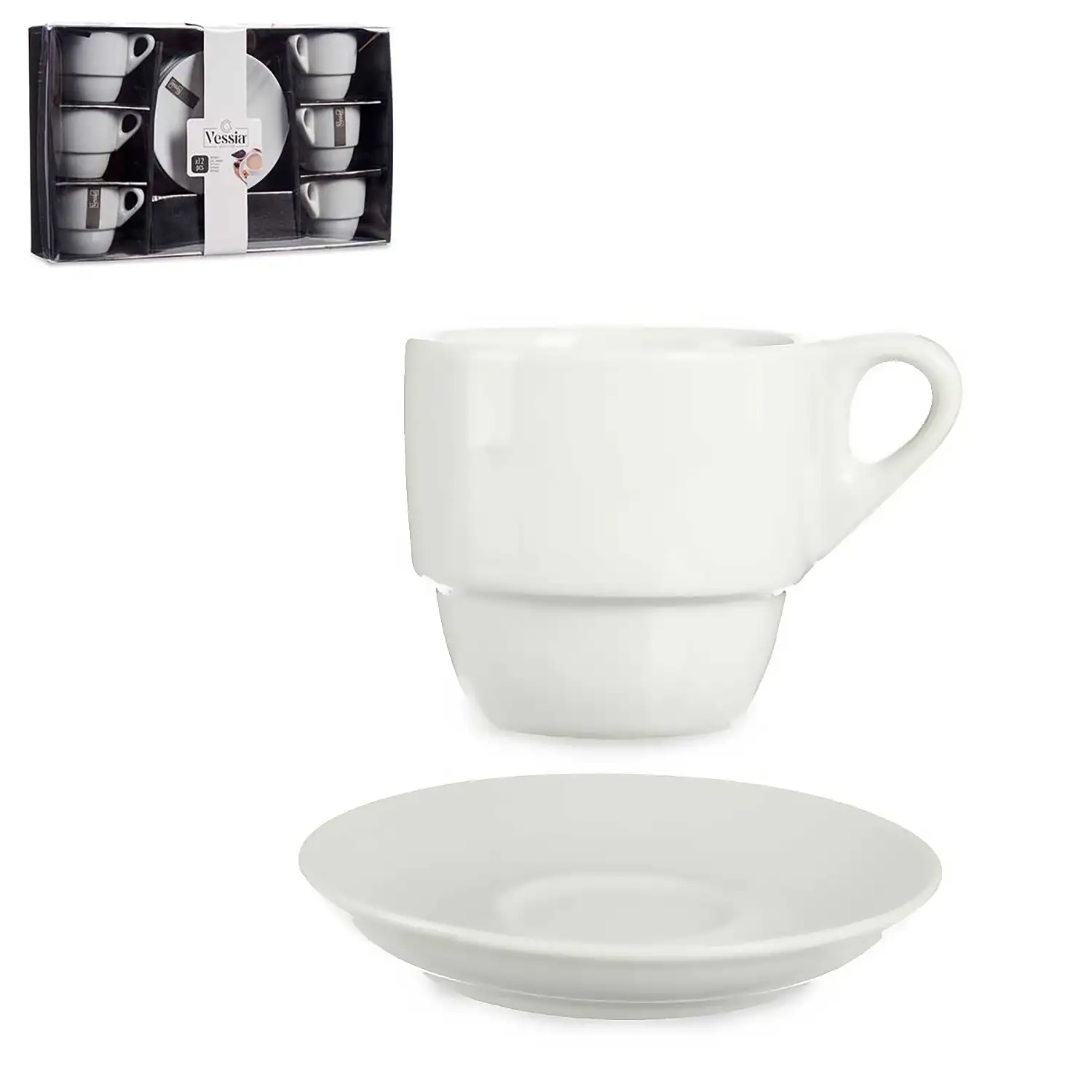 SET 6 TAZAS CAFE PORCELANA BLANCA CON PLATO 200ML
